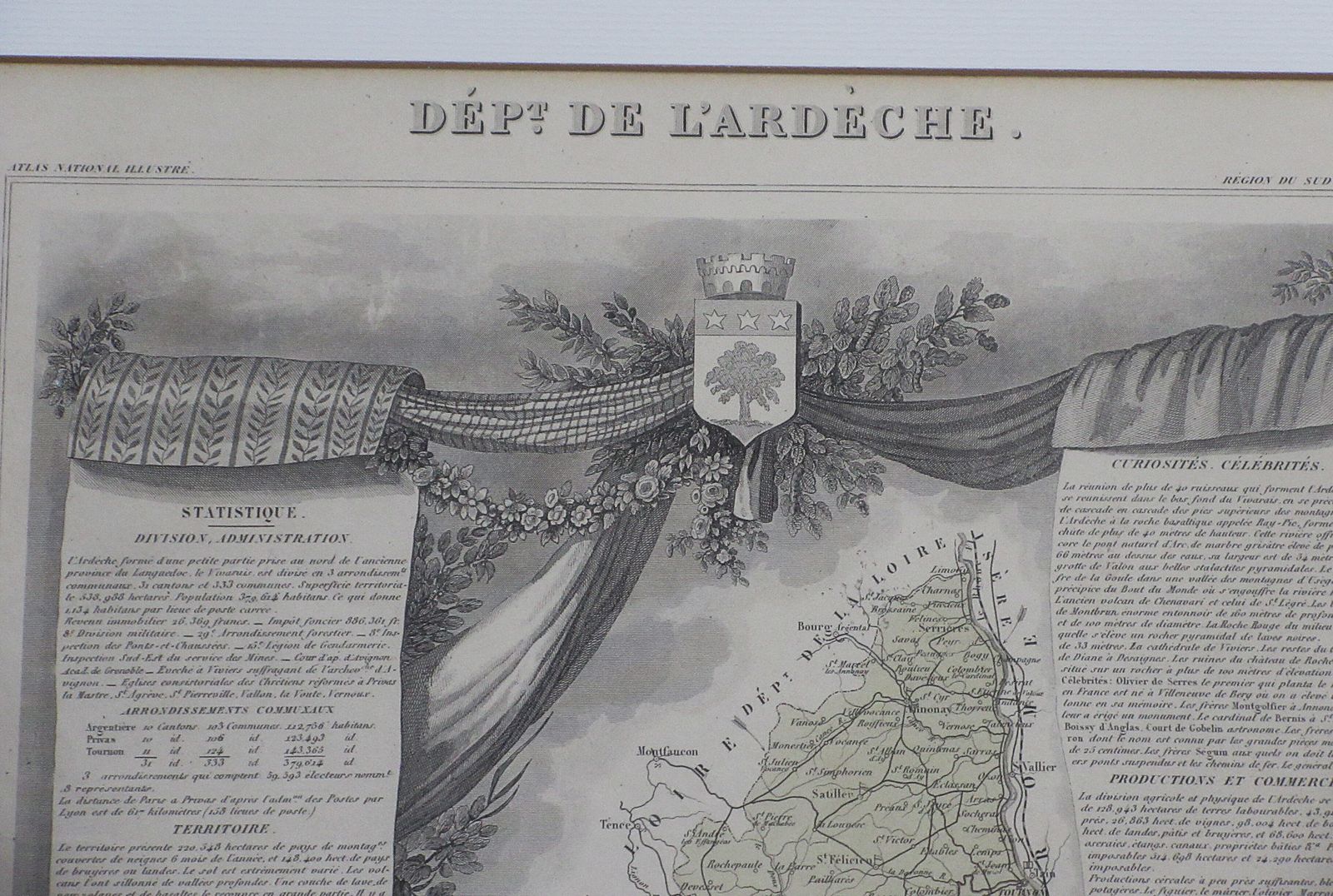 Framed Antique Map 'Département De L' Ardeche' France By Victor Levasseur C1866 photo furniture