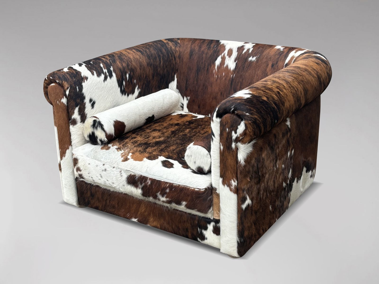 Oversized Italian Brown & White Cow Fur Leather Cube Lounge Armchair