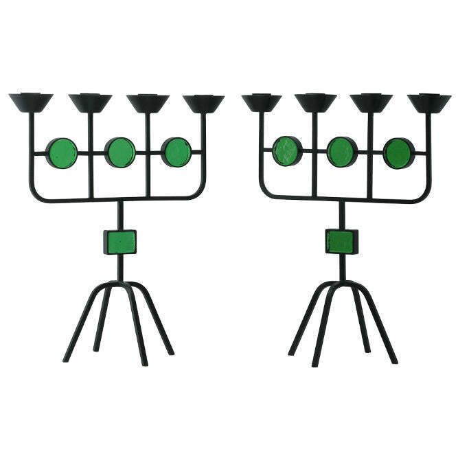 Gunnar Ander Pair Of Green Glass And Wrought Iron Candelabra photo Home Decor