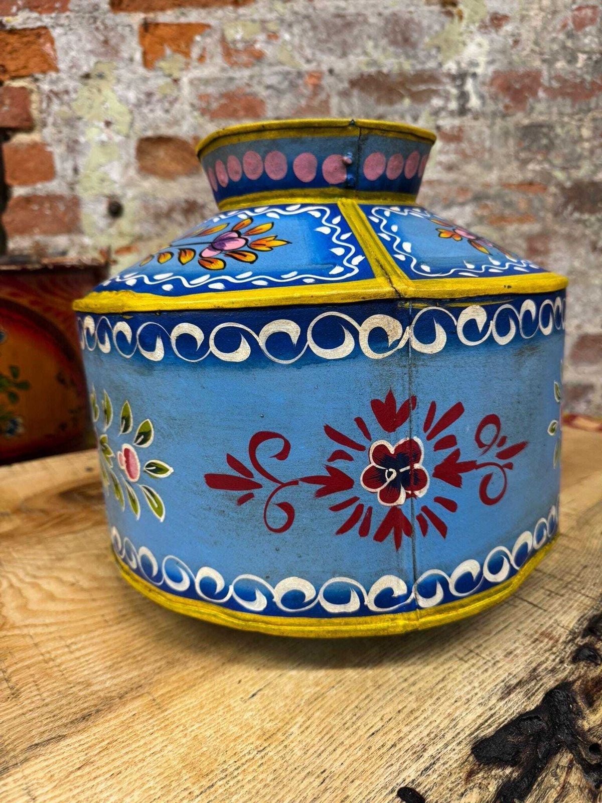 Vintage Painted Water Pot / Metal Pot / Vase / Planter / Narrow Boat Ware Gypsy photo for sale