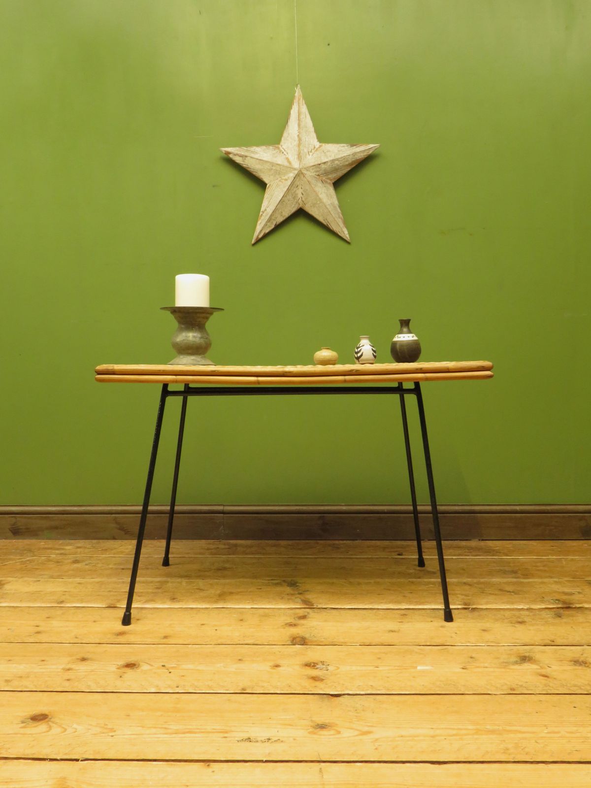 Modernist Bamboo And Rattan Coffee Table With Metal Base