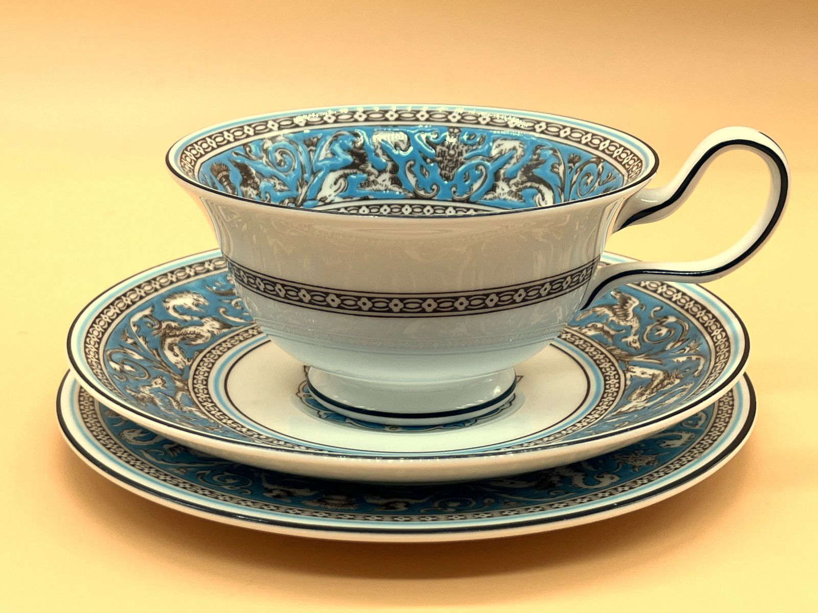 Home Decor Wedgwood China Turquoise Florentine Design Peony Shape Tea Cup & Saucer Duo. W2714. photo