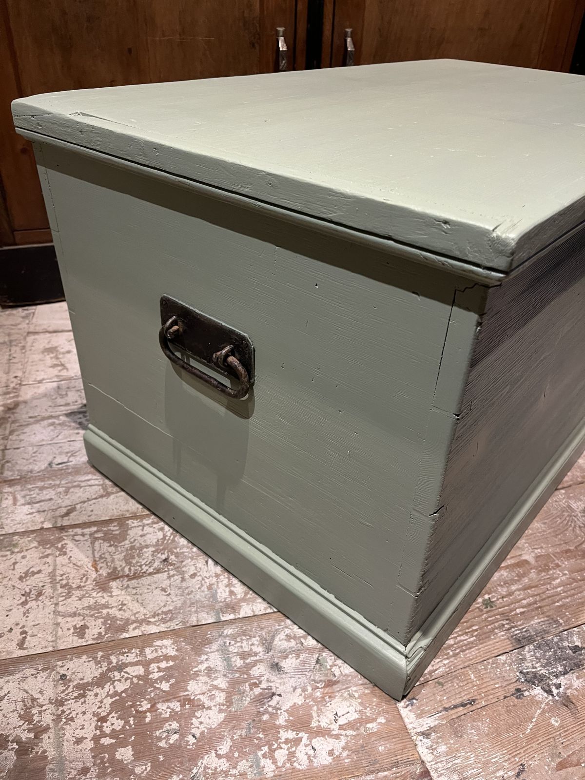 Victorian Pine Blanket Chest Painted In Green Lichen Eggshell Paint photo for sale