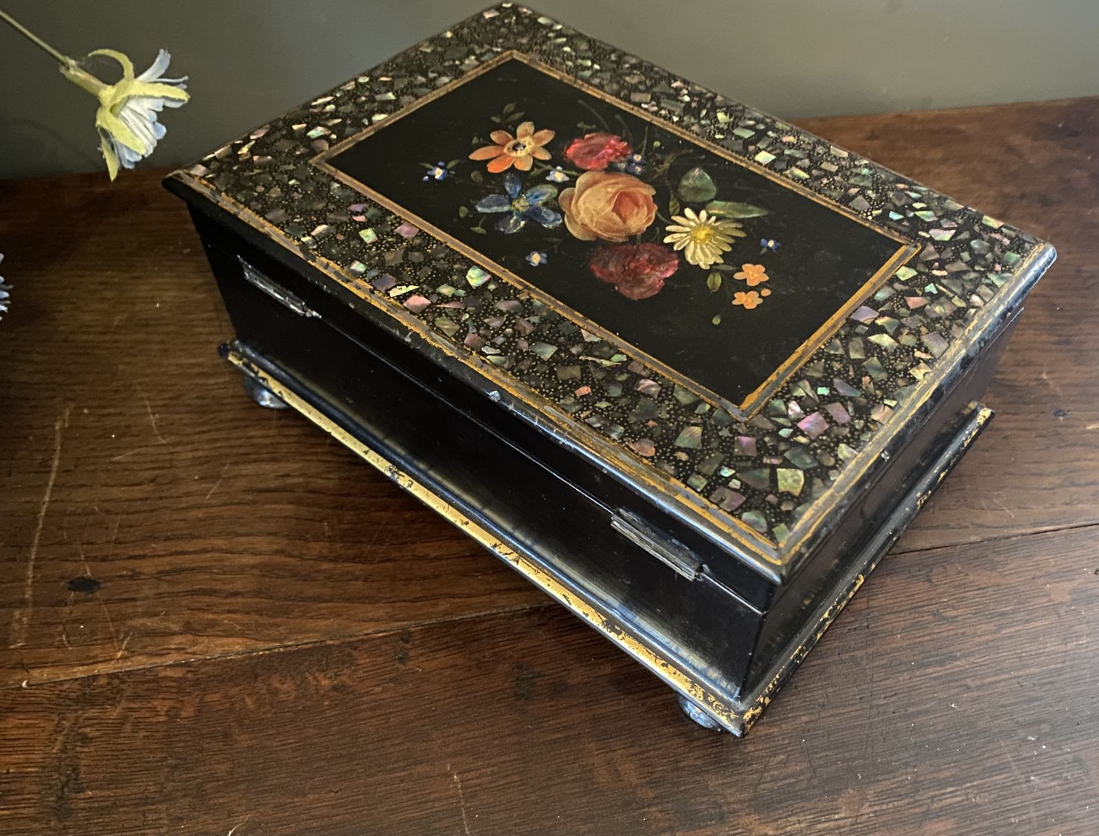 A Victorian Papier Mache Box Inlaid With Mother Of Pearl. photo Home Decor