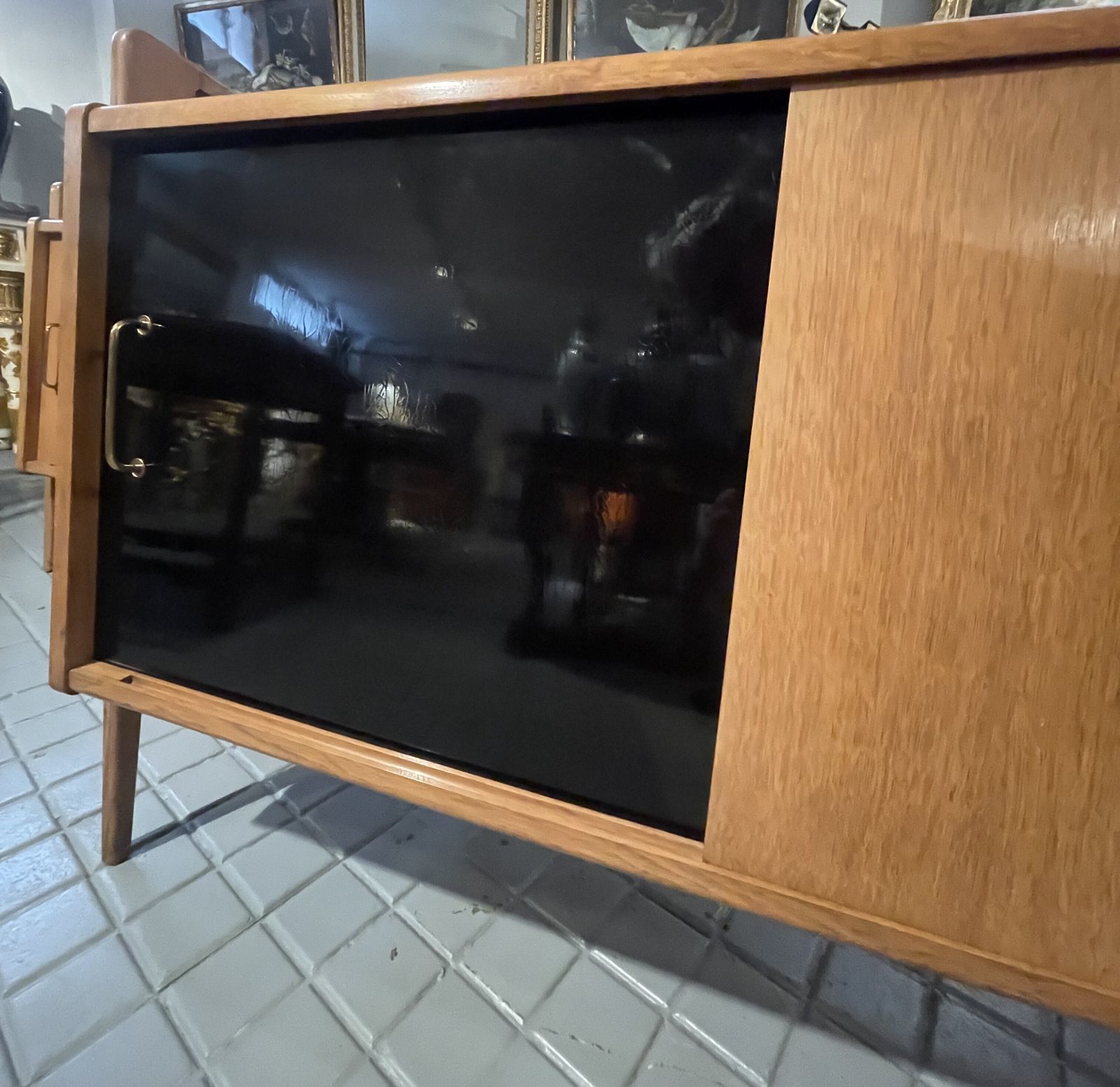 photo furniture Pair Of Oak Sideboards With Sloping Front, Sliding Doors, One Of Them Lacquered