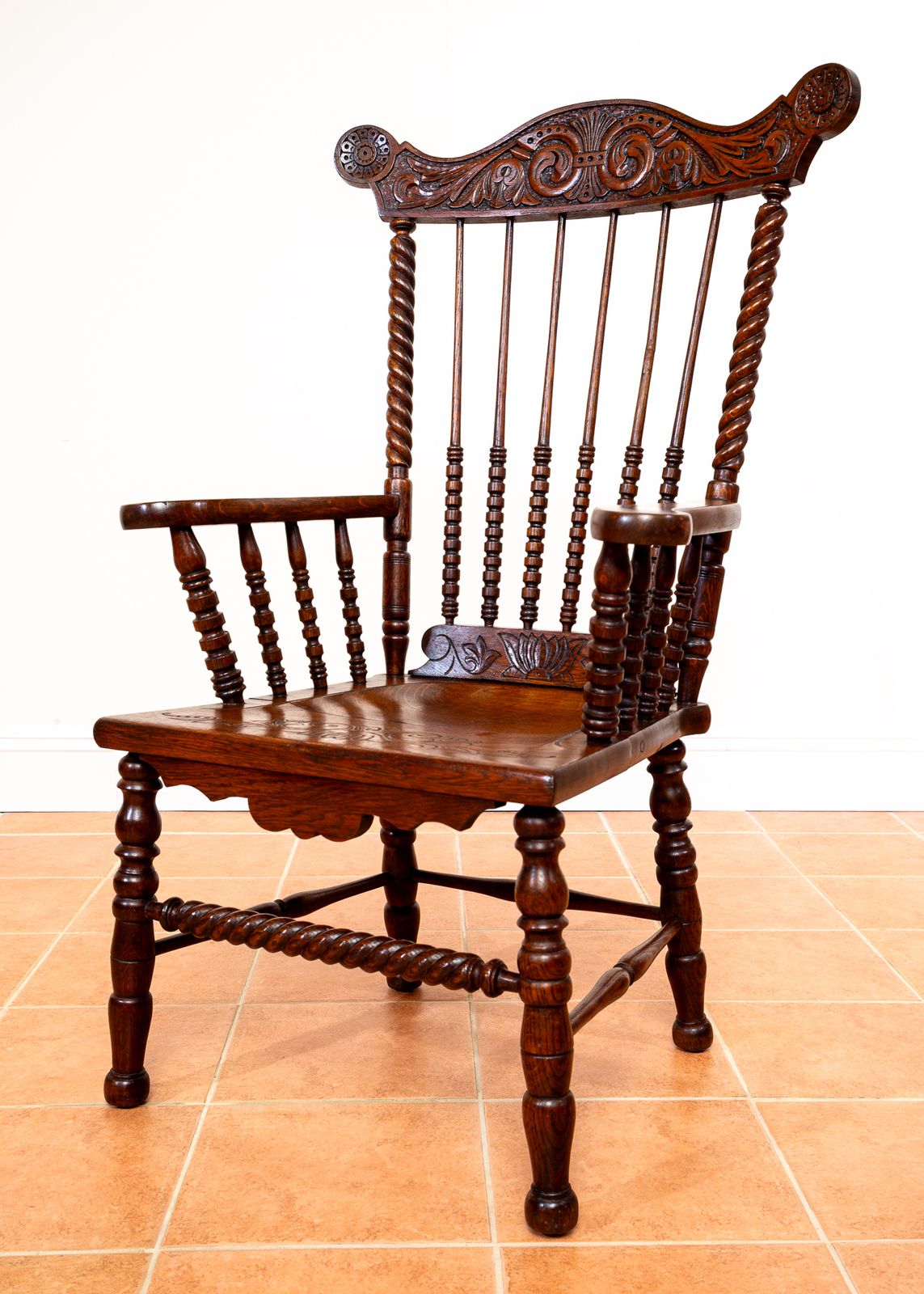 Furniture Impressive Antique Oak Windsor Chair Country House Statement Fan Back Fireside Grandfather Armchair Ornate Decorative Carver Hall Throne Chair photo