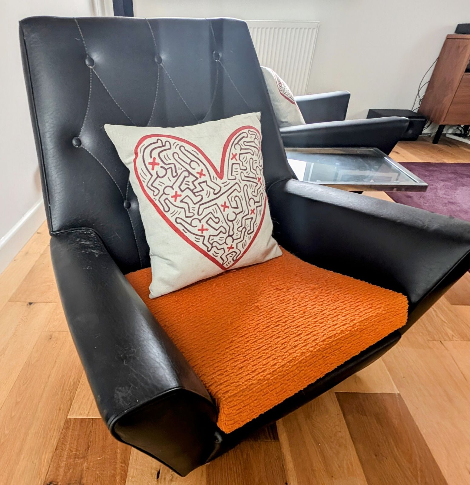 photo for sale Pair Of Mid Century Vintage 1960s Black Vinyl & Orange Armchairs