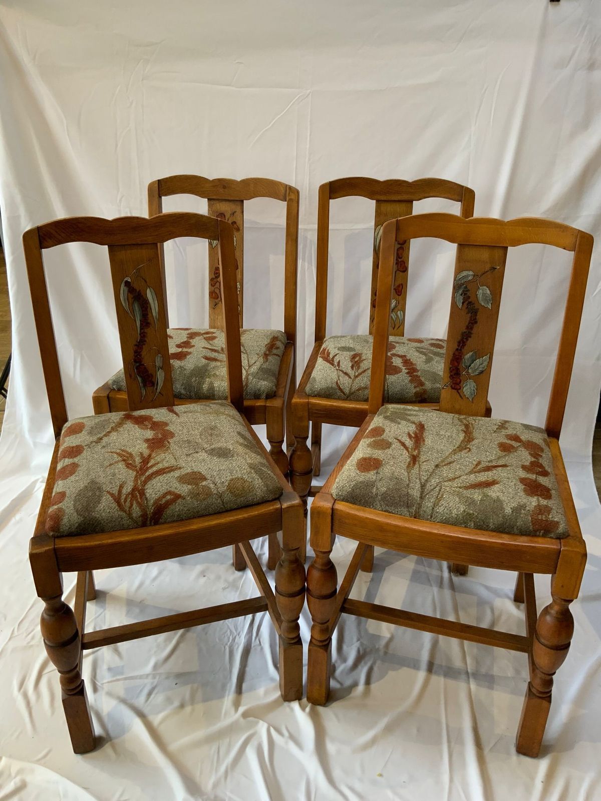 4 X Solid Wood Utility Chairs. Each Having Been Stripped, Repaired, Restored, Upholstered And Pyrographed To Match The Natural Wool Fabric photo vinterior