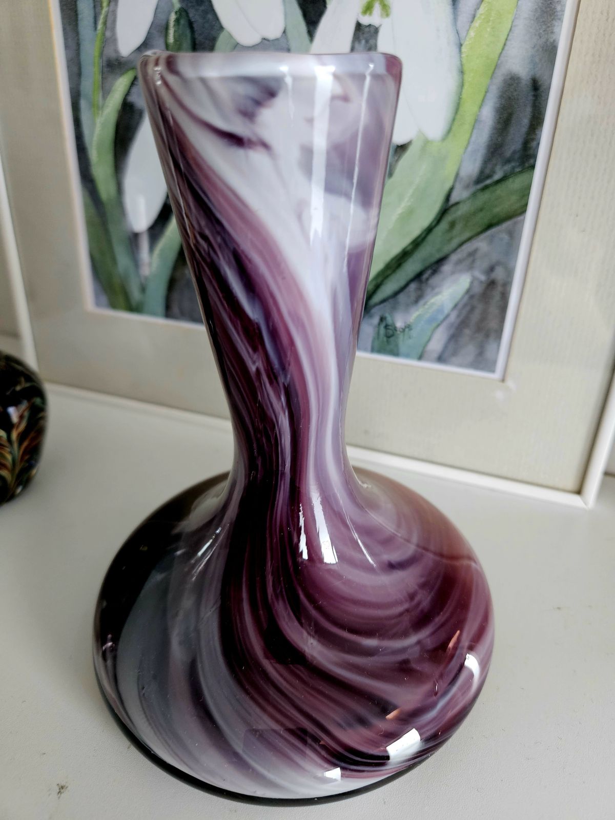 Beautiful Murano Style Glass Vase With Swirled Marbling Effect In Plum Tones photo vinterior