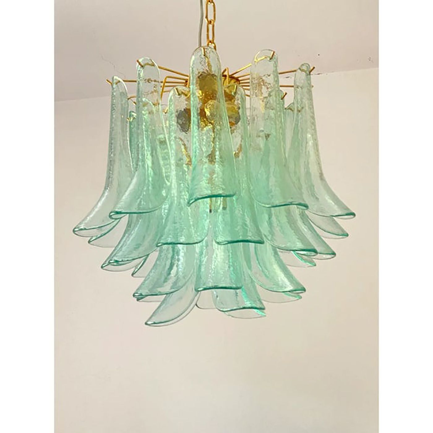 Lot Of 2 Contemporary Green Murano Style Glass "Sella" Chandelier With Gold 24k Metal Frame In Mazzega Style photo Lighting