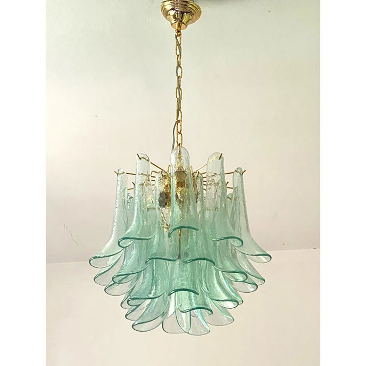 photo furniture Lot Of 2 Contemporary Green Murano Style Glass "Sella" Chandelier With Gold 24k Metal Frame In Mazzega Style