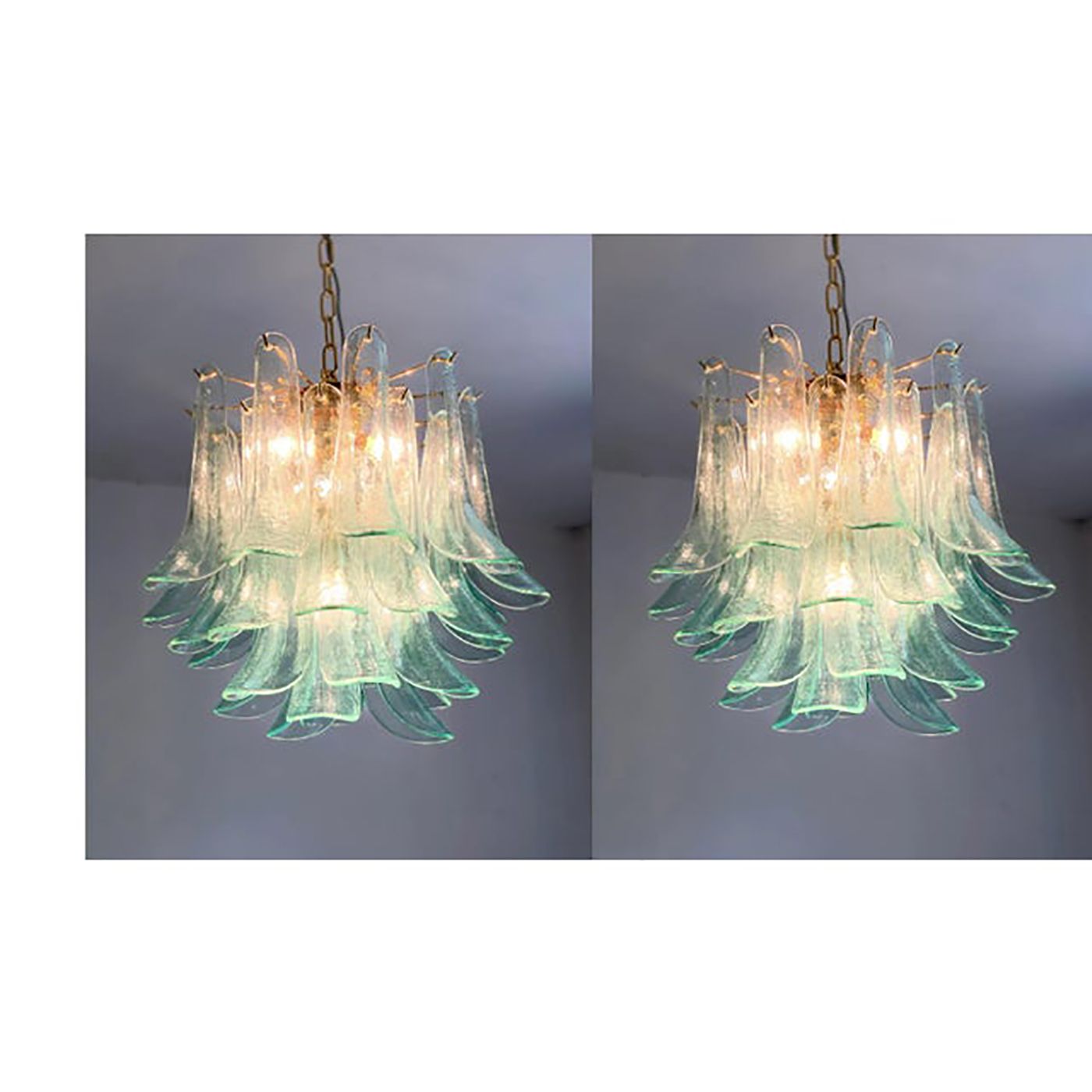 Lighting Lot Of 2 Contemporary Green Murano Style Glass "Sella" Chandelier With Gold 24k Metal Frame In Mazzega Style photo