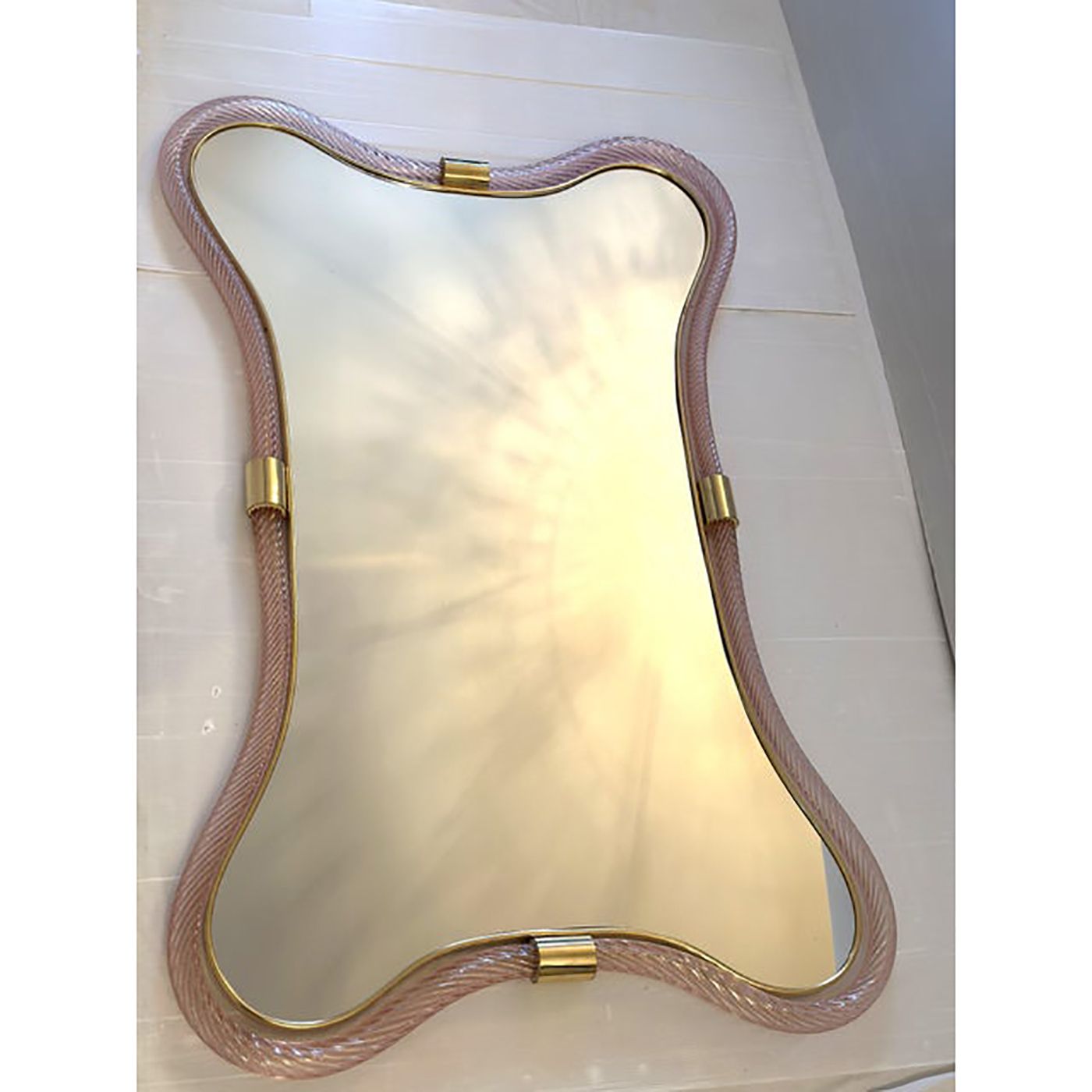 Scenographic Pink And Gold Mirror With Torchon Murano Style Glass Design By Simoeng photo for sale