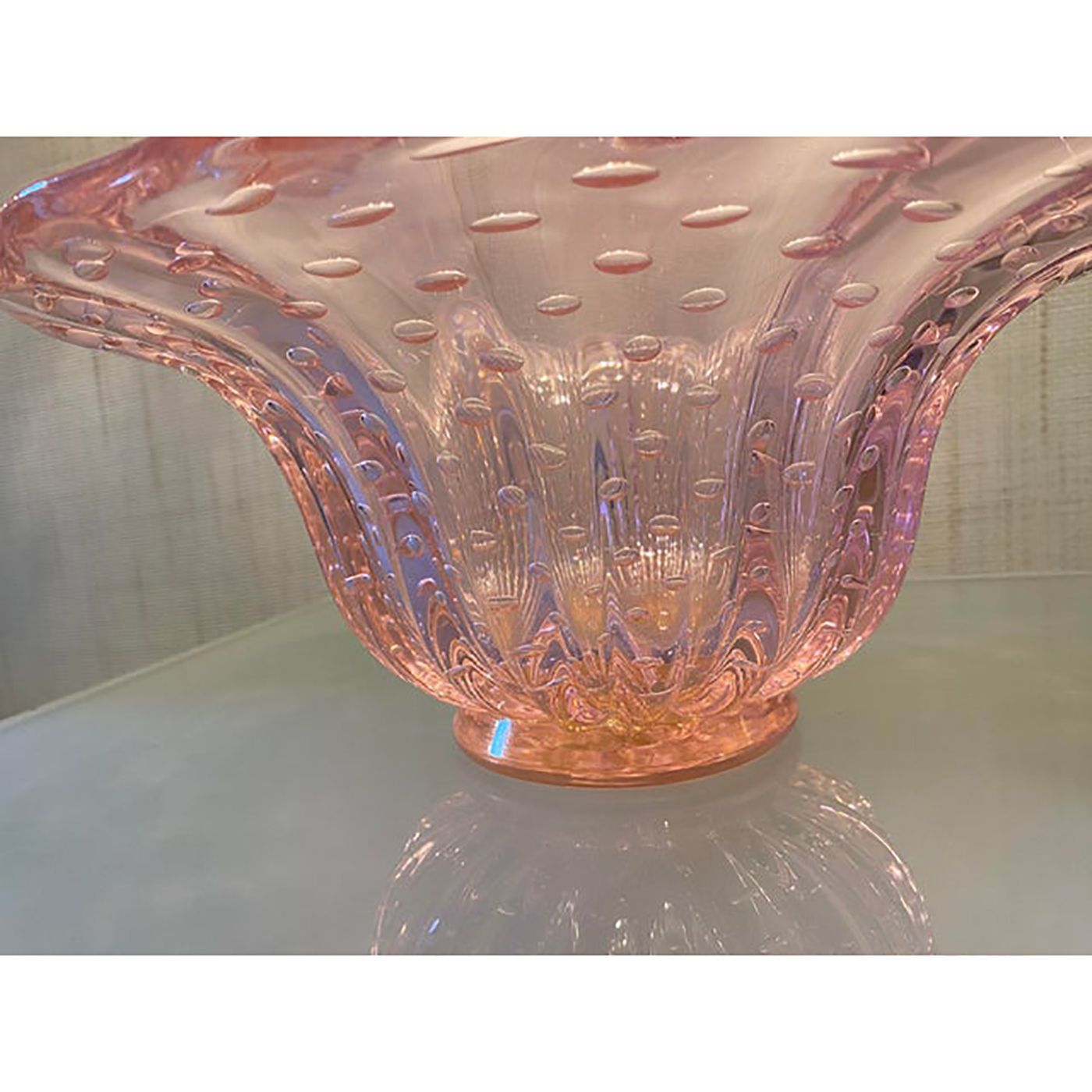 Murano Style Glass Pink Vase With Gold And Bubble Air Round Shape photo for sale