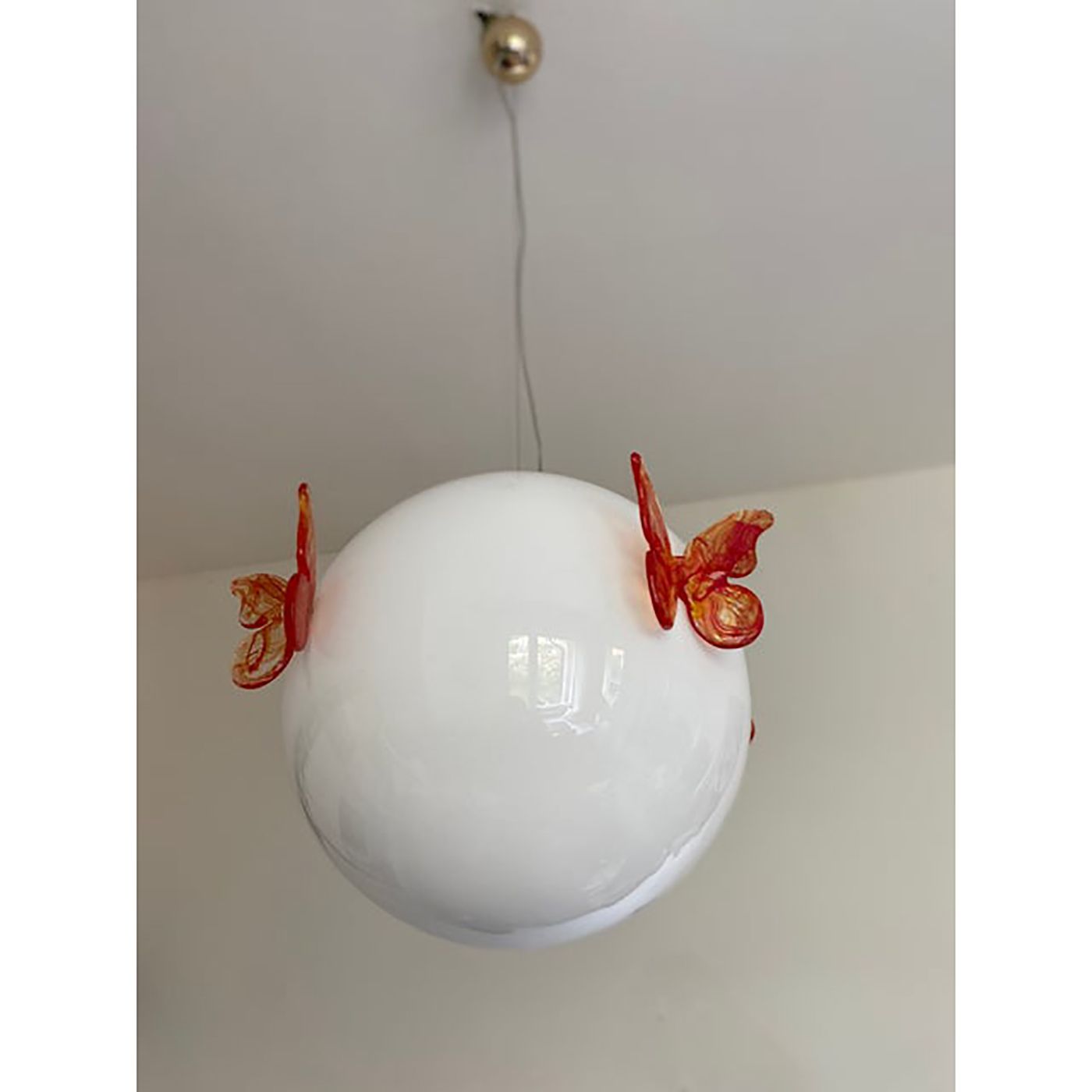 Italian Murano Style Glass Opalino Pendant With Red Butterfly photo vintage