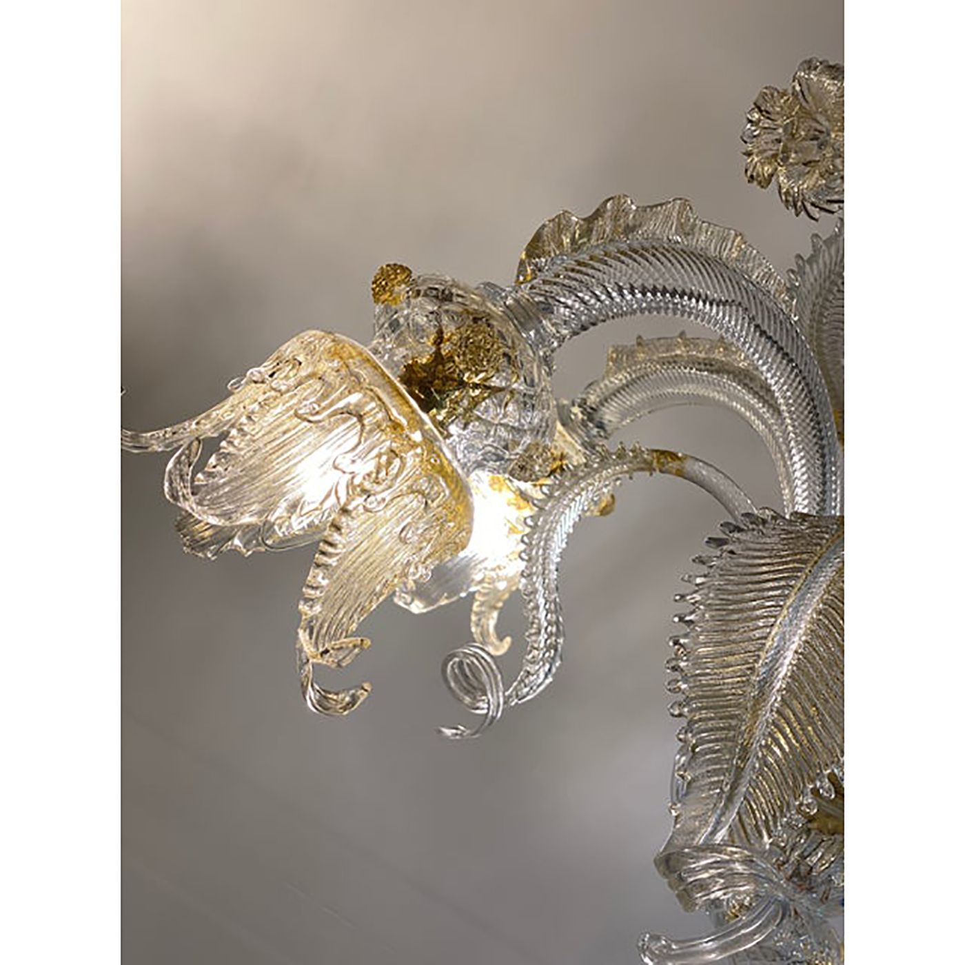 photo for sale Murano Style Glass Clear And Gold Chandelier With Flowers And Leaves