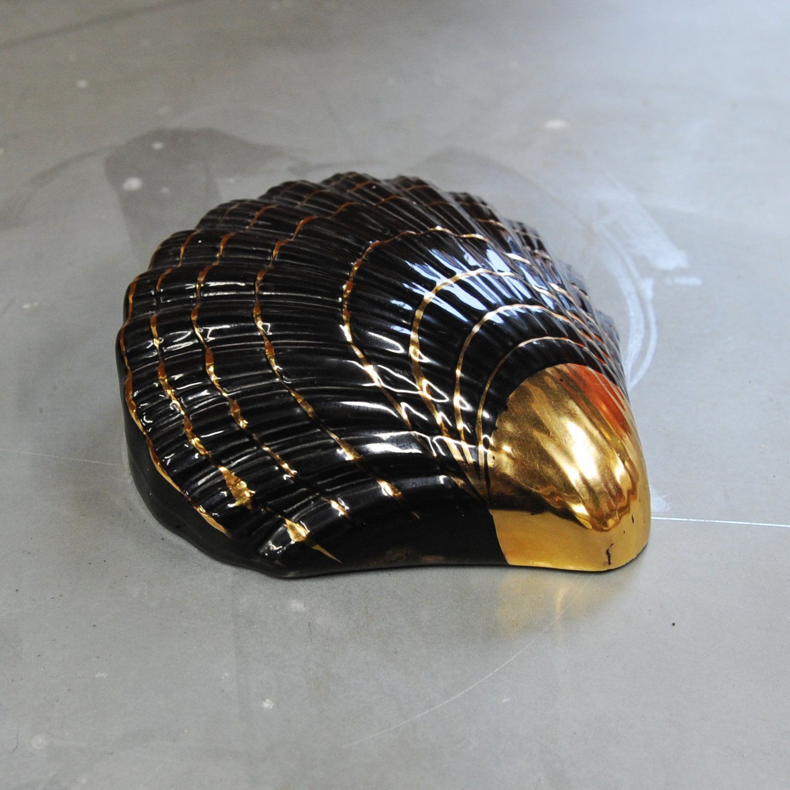 Vintage Gold And Black Ceramic Shell Wall Vase, 1950s photo vinterior
