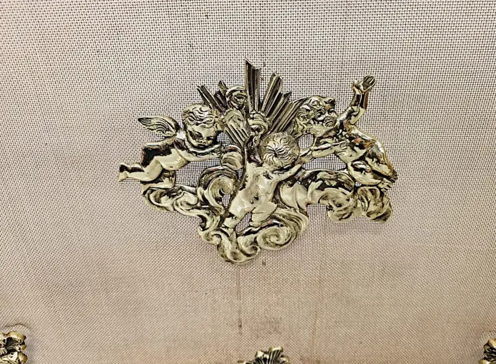 A Gorgeous 19th Century Polished Brass Fire Screen In The Rococco Design With Cherub Detail photo furniture