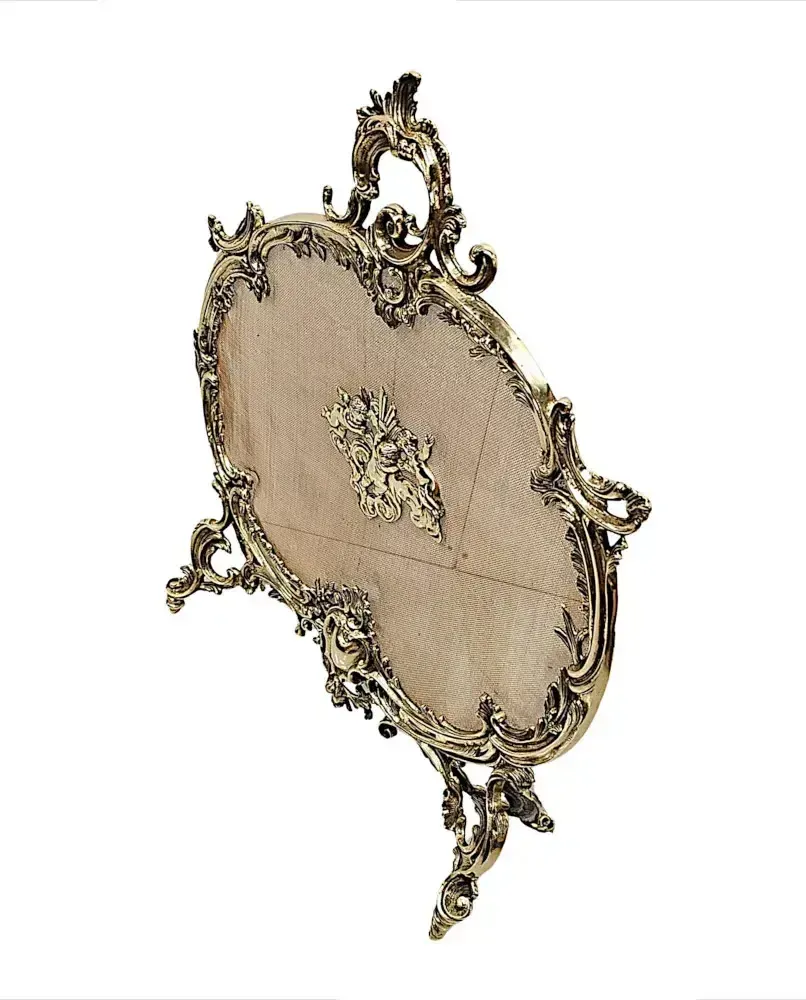 A Gorgeous 19th Century Polished Brass Fire Screen In The Rococco Design With Cherub Detail photo for sale