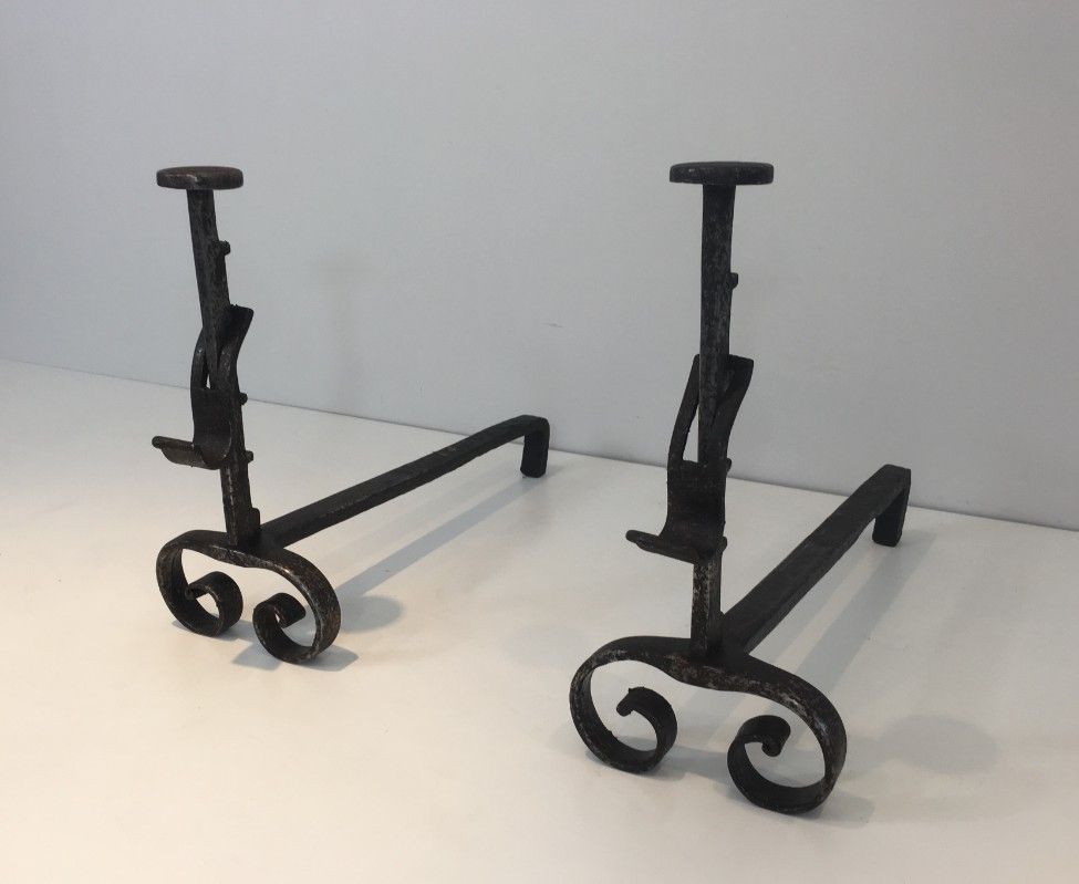 Pair Of Wrought Iron Andirons. French.