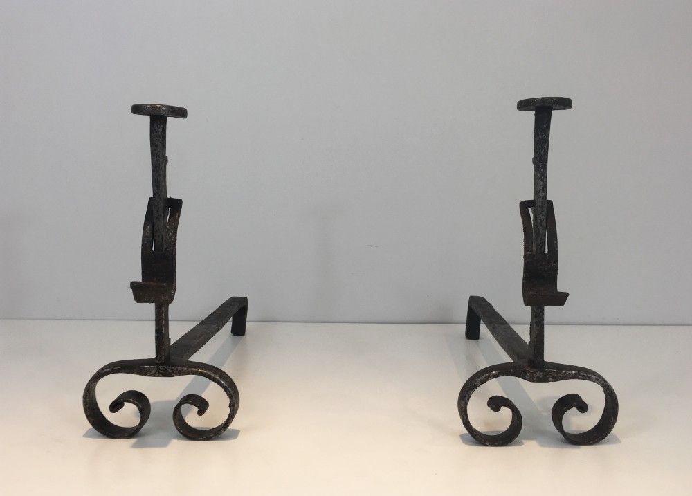 Pair Of Wrought Iron Andirons. French. photo for sale