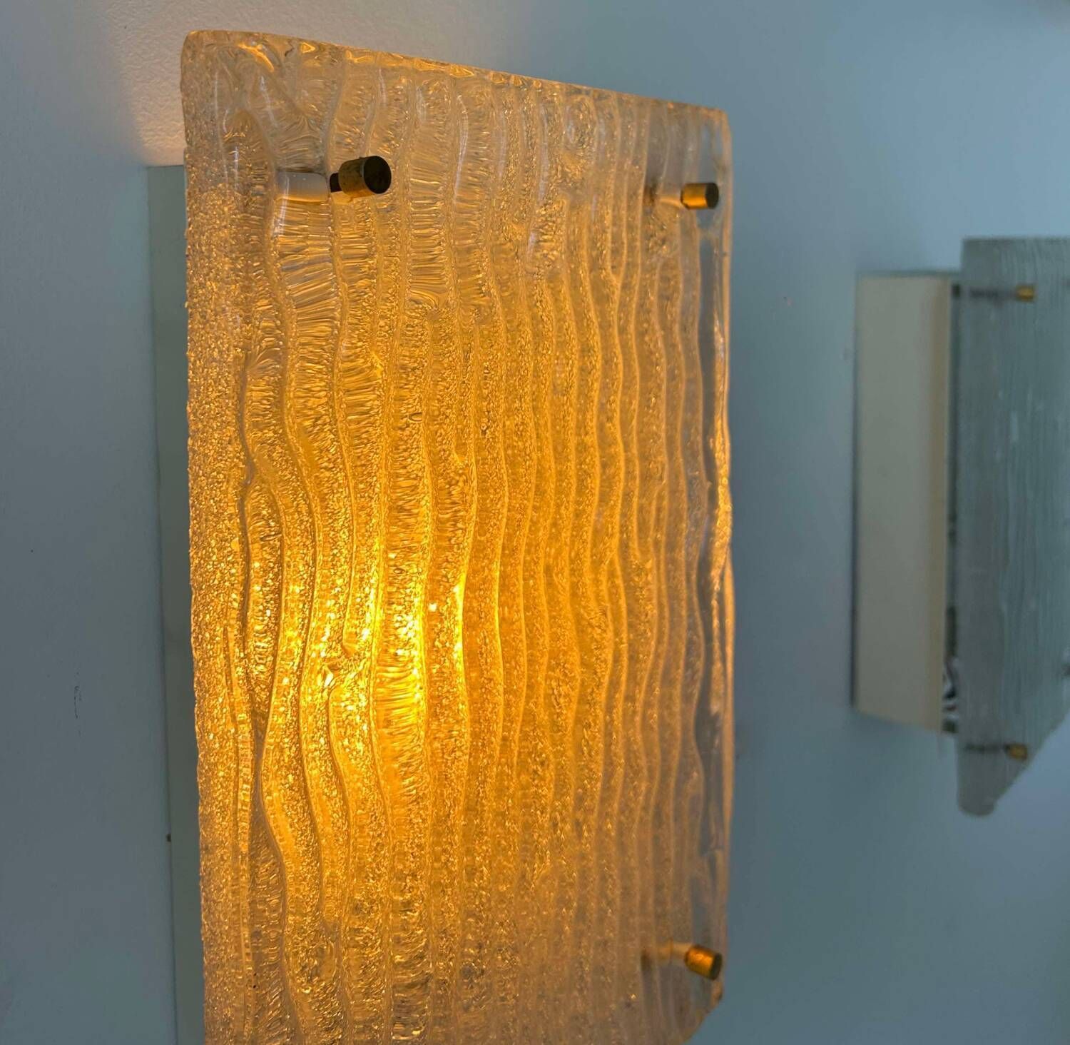 Pair Of Vintage Sconces, Molded Frosted Glass, Murano Italy 1970 photo furniture