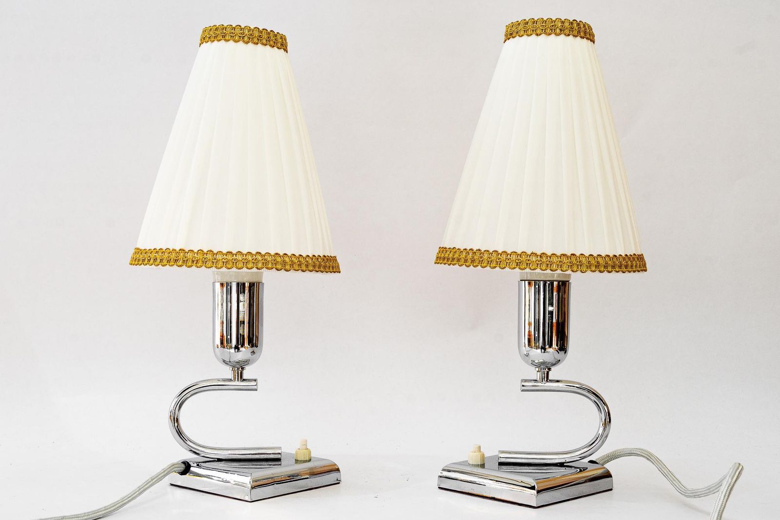 2 Art Deco Chrome Table Lamps With Original Fabric Shades Vienna Around 1920s photo Lighting