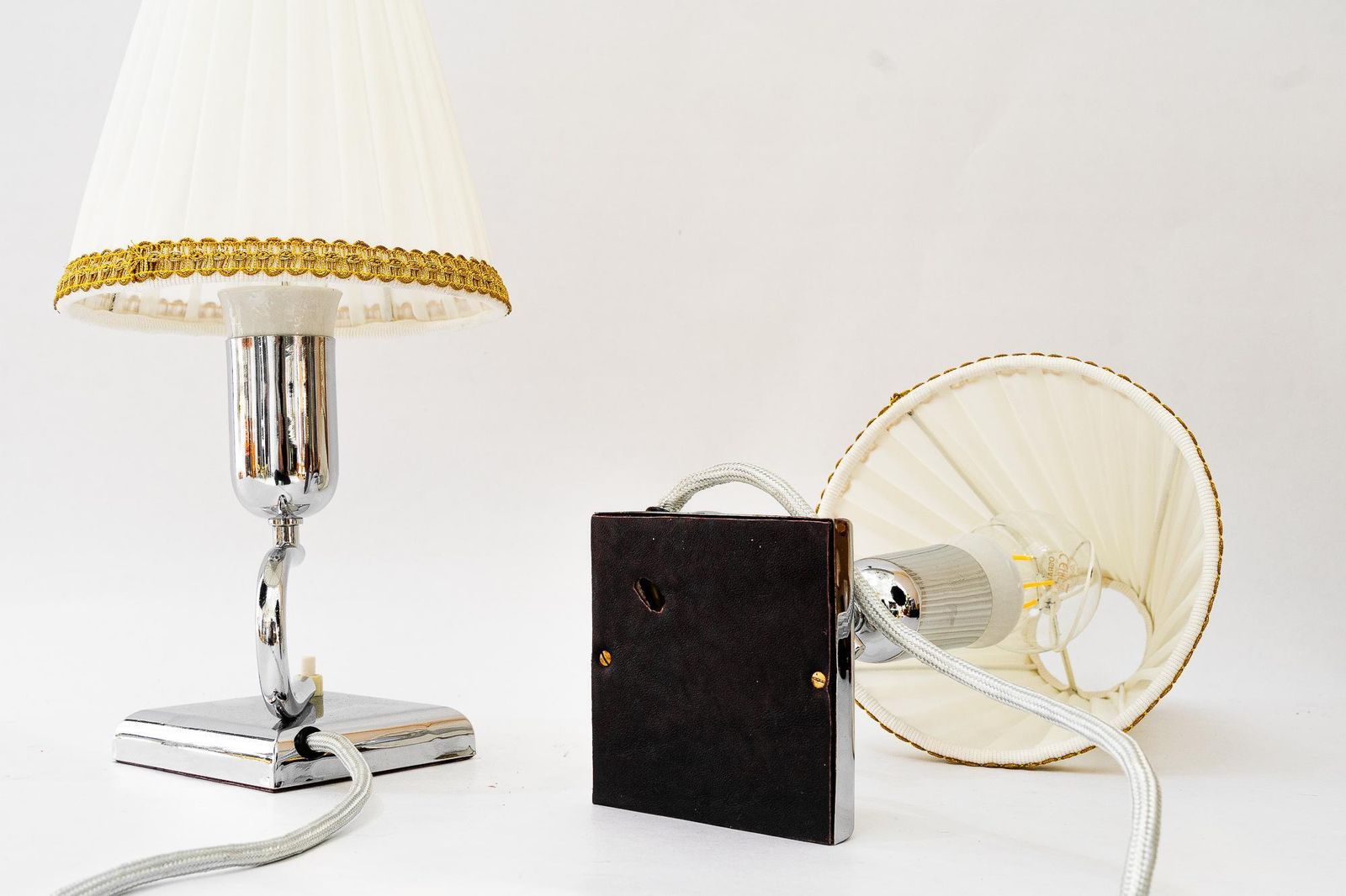 photo furniture 2 Art Deco Chrome Table Lamps With Original Fabric Shades Vienna Around 1920s