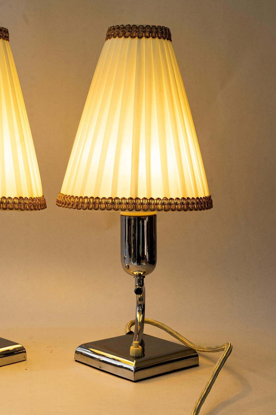 Lighting 2 Art Deco Chrome Table Lamps With Original Fabric Shades Vienna Around 1920s photo