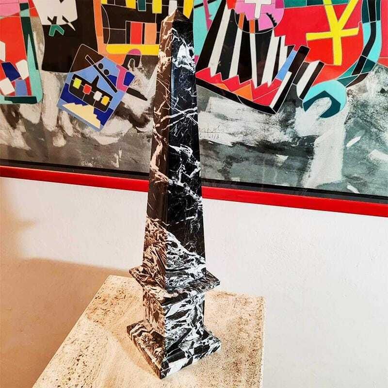 1970s Stunning Big Hand Carved Obelisk In Black Marble Of Aquitaine. Made In Italy. 43 Cm H. photo for sale