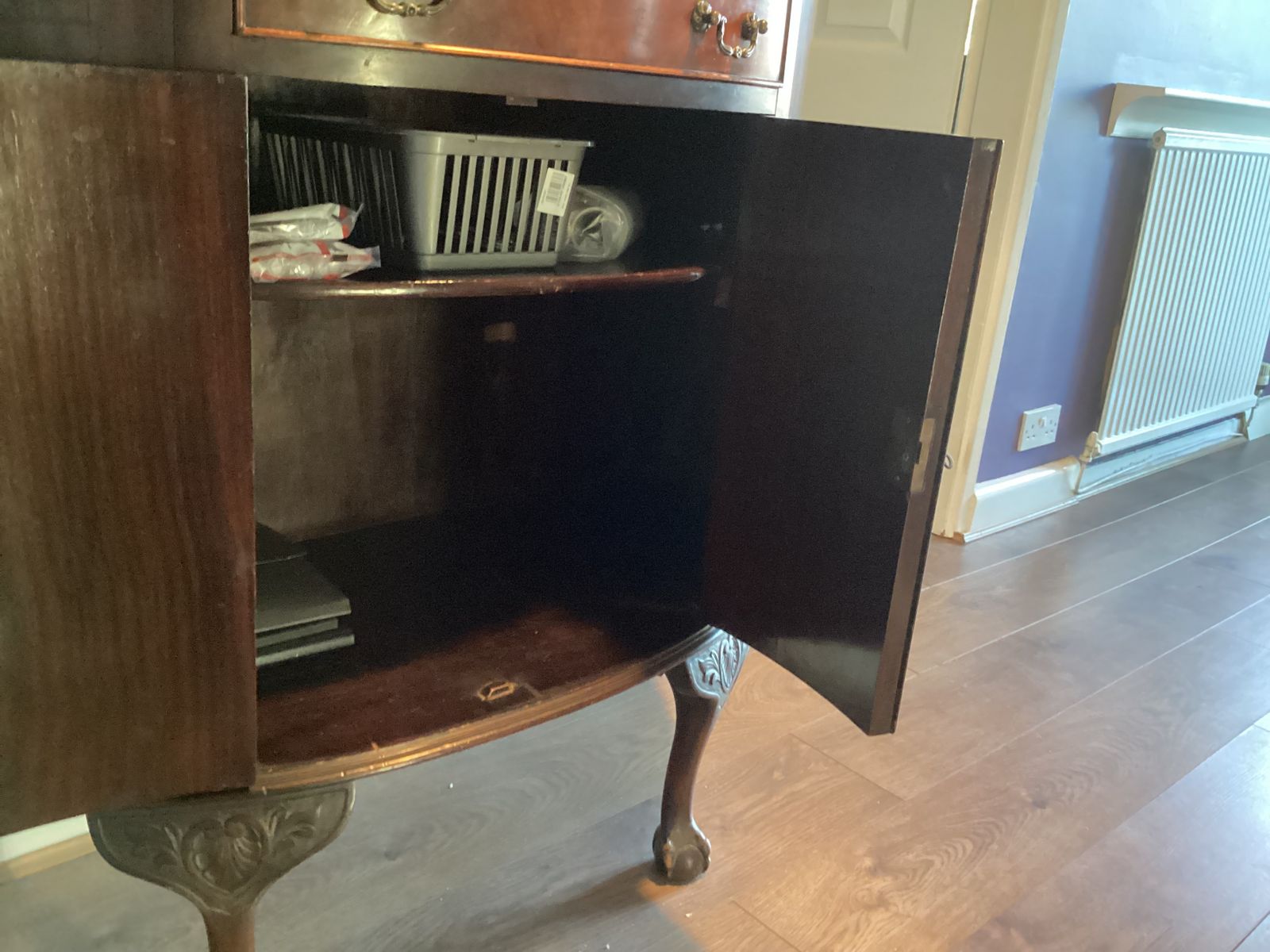 Demilune Cabinet Cica 1920 With Drawer ,Ball & Claw Feet ,Mahogany Art Deco Marquetry Insets photo 1450.0