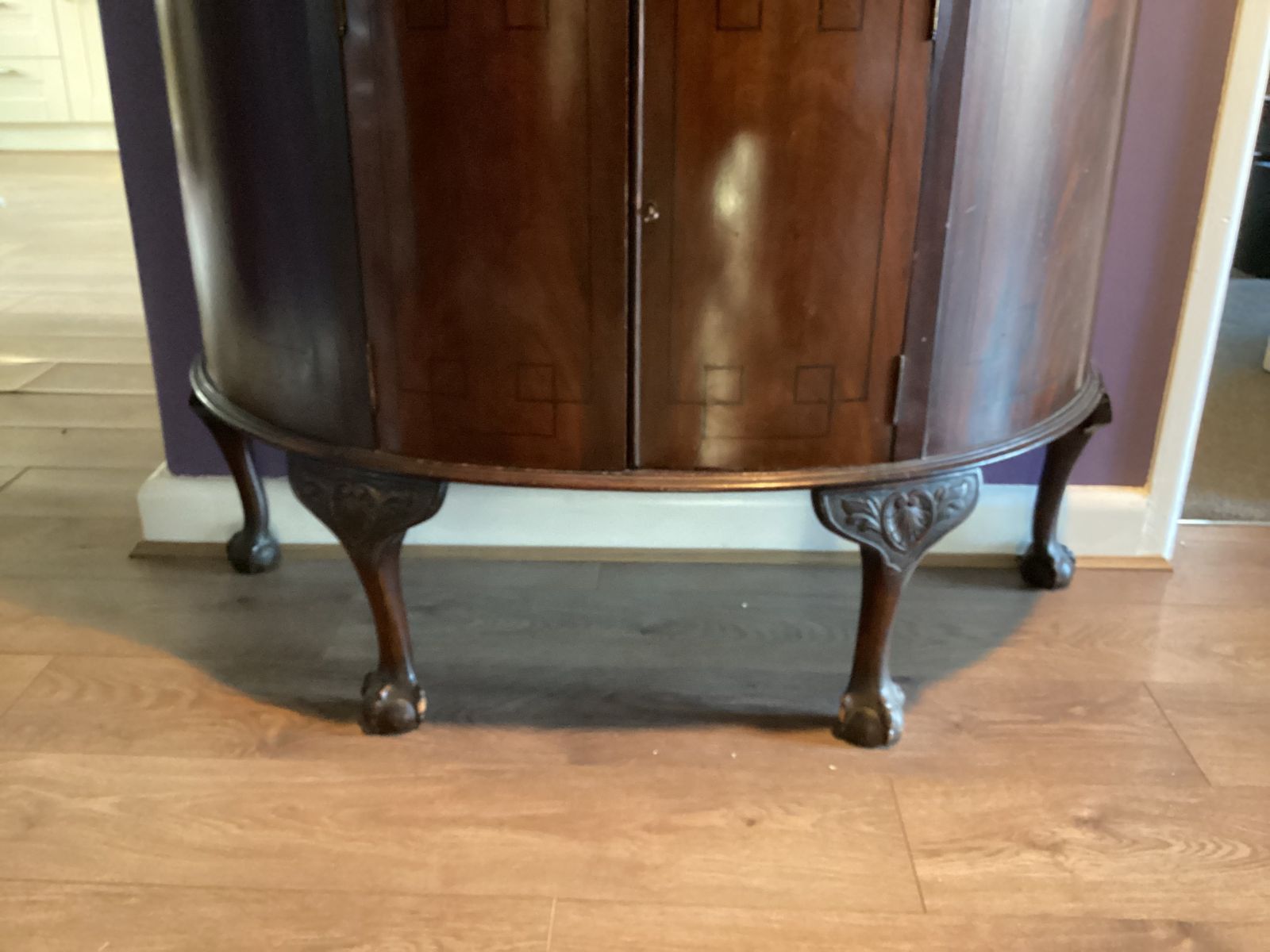 Demilune Cabinet Cica 1920 With Drawer ,Ball & Claw Feet ,Mahogany Art Deco Marquetry Insets photo vinterior