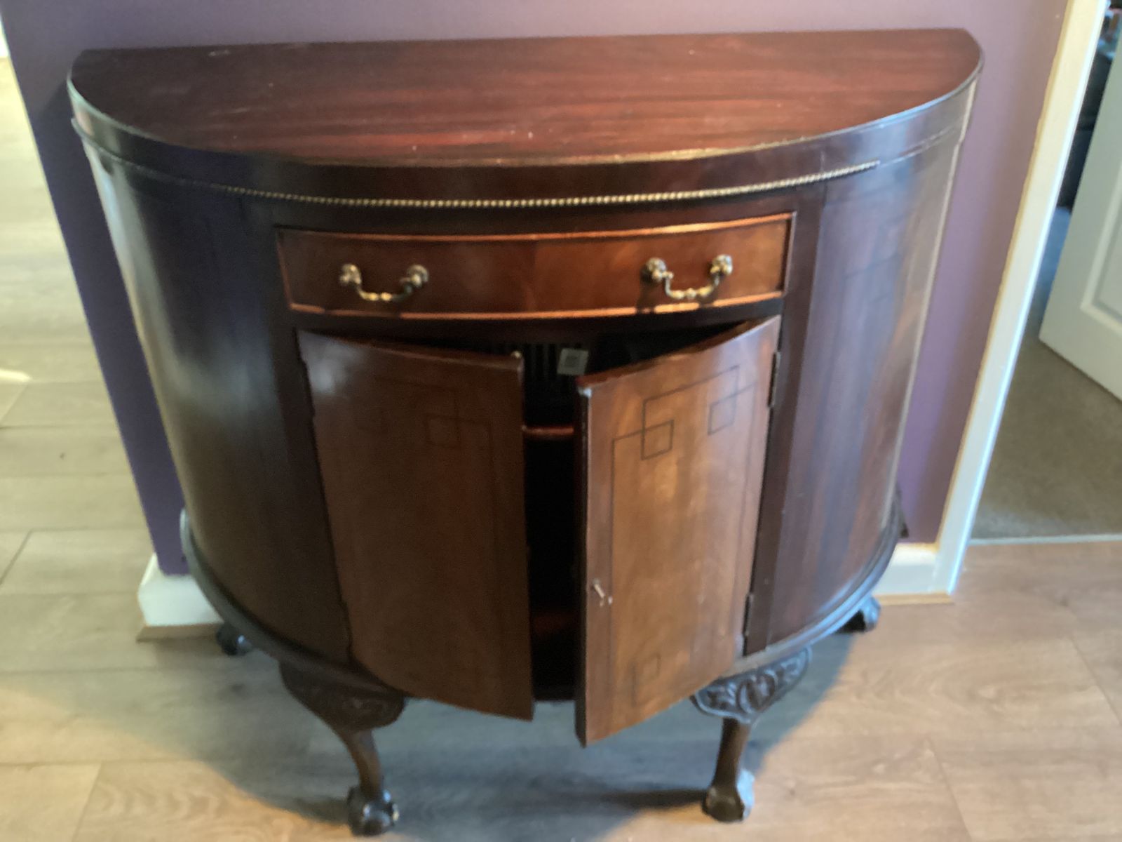 photo buy Demilune Cabinet Cica 1920 With Drawer ,Ball & Claw Feet ,Mahogany Art Deco Marquetry Insets