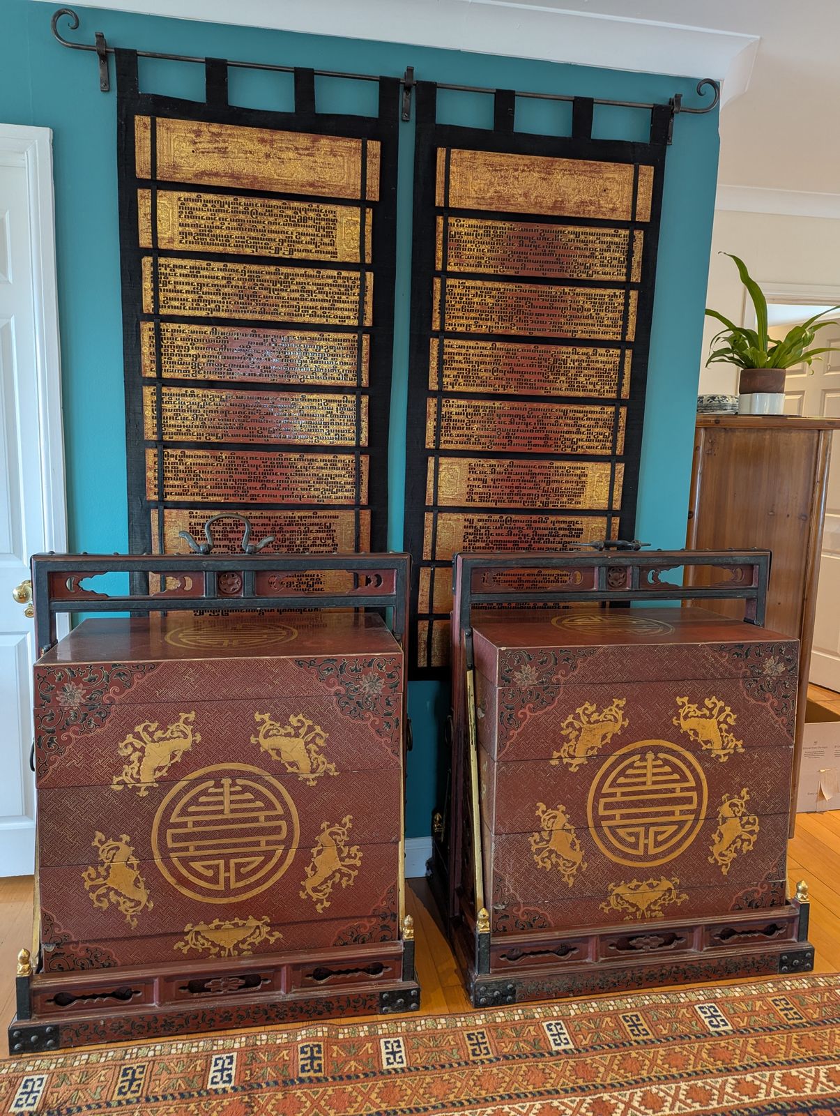 Newly Reduced Stunning Pair Of Gilded And Hand Painted Chinese Wedding Dowry Chests photo buy