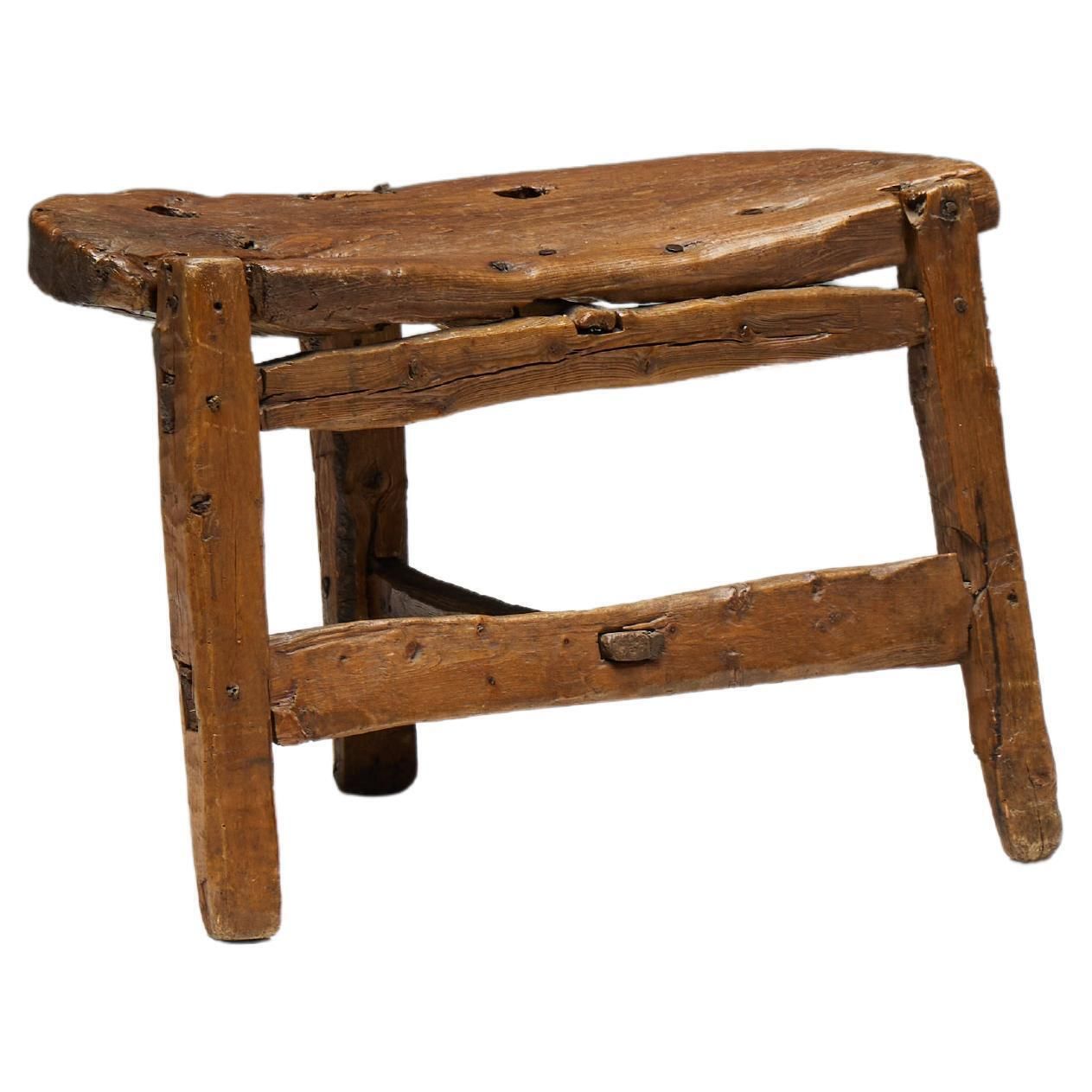 Organic Tripod Bench In Solid Wood, France, 19th Century