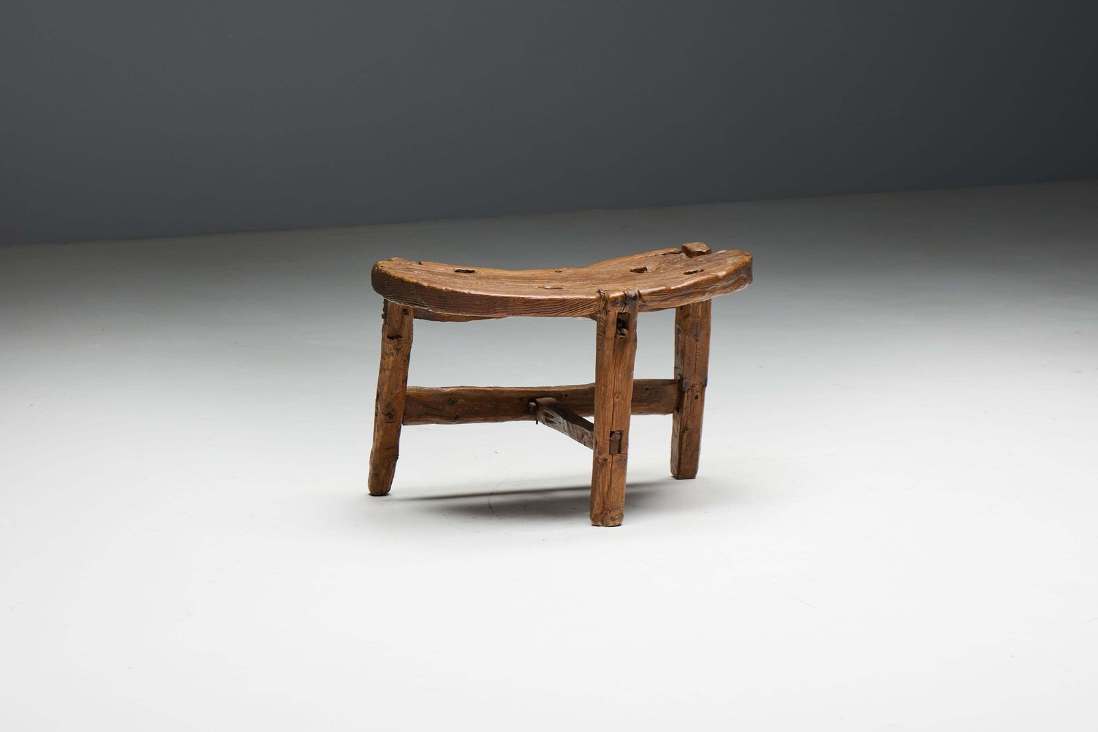 Furniture Organic Tripod Bench In Solid Wood, France, 19th Century photo