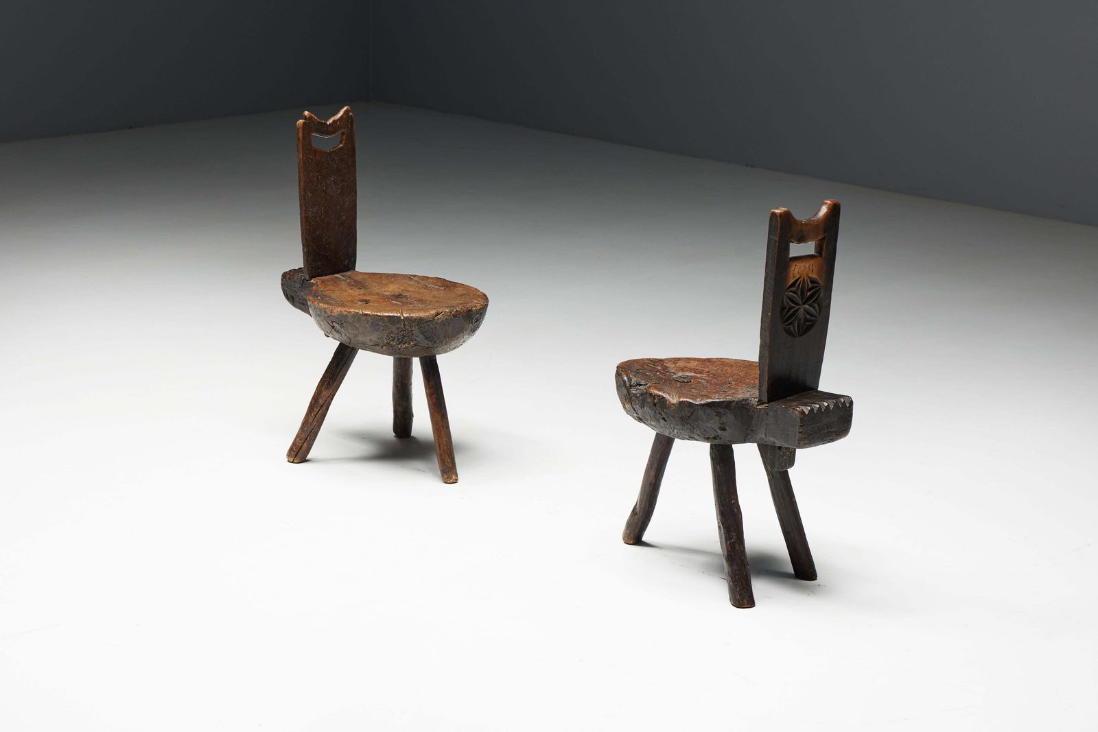 Brutalist Wabi Sabi Tripod Alpine Chairs, France, 19th Century photo for sale