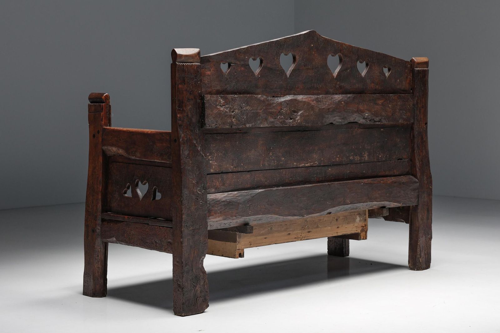 Carved Bench In Solid Wood With Storing Space, France, 19th Century photo vintage