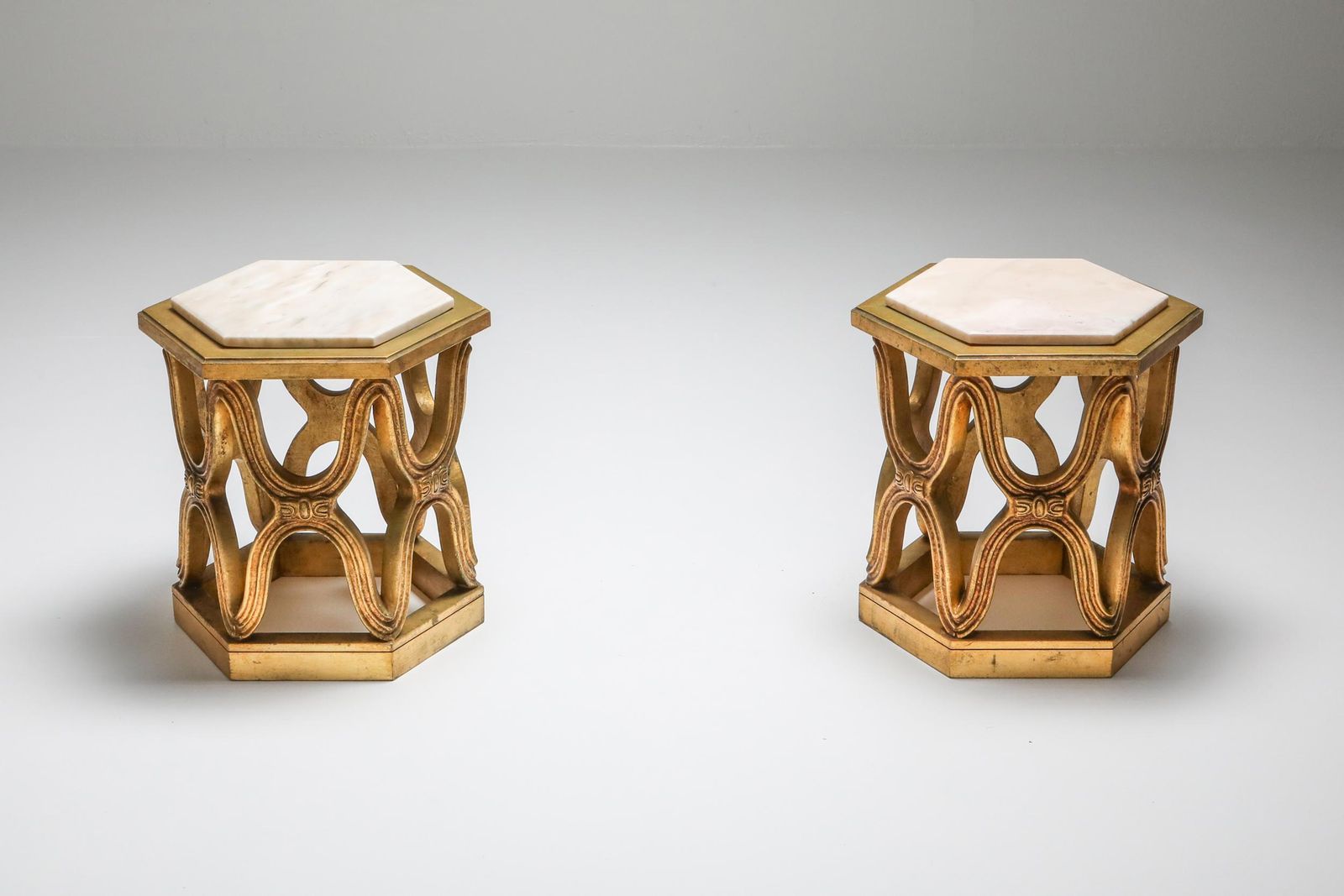 Carved Giltwood Side Tables With Marble Top, 1970s photo Furniture