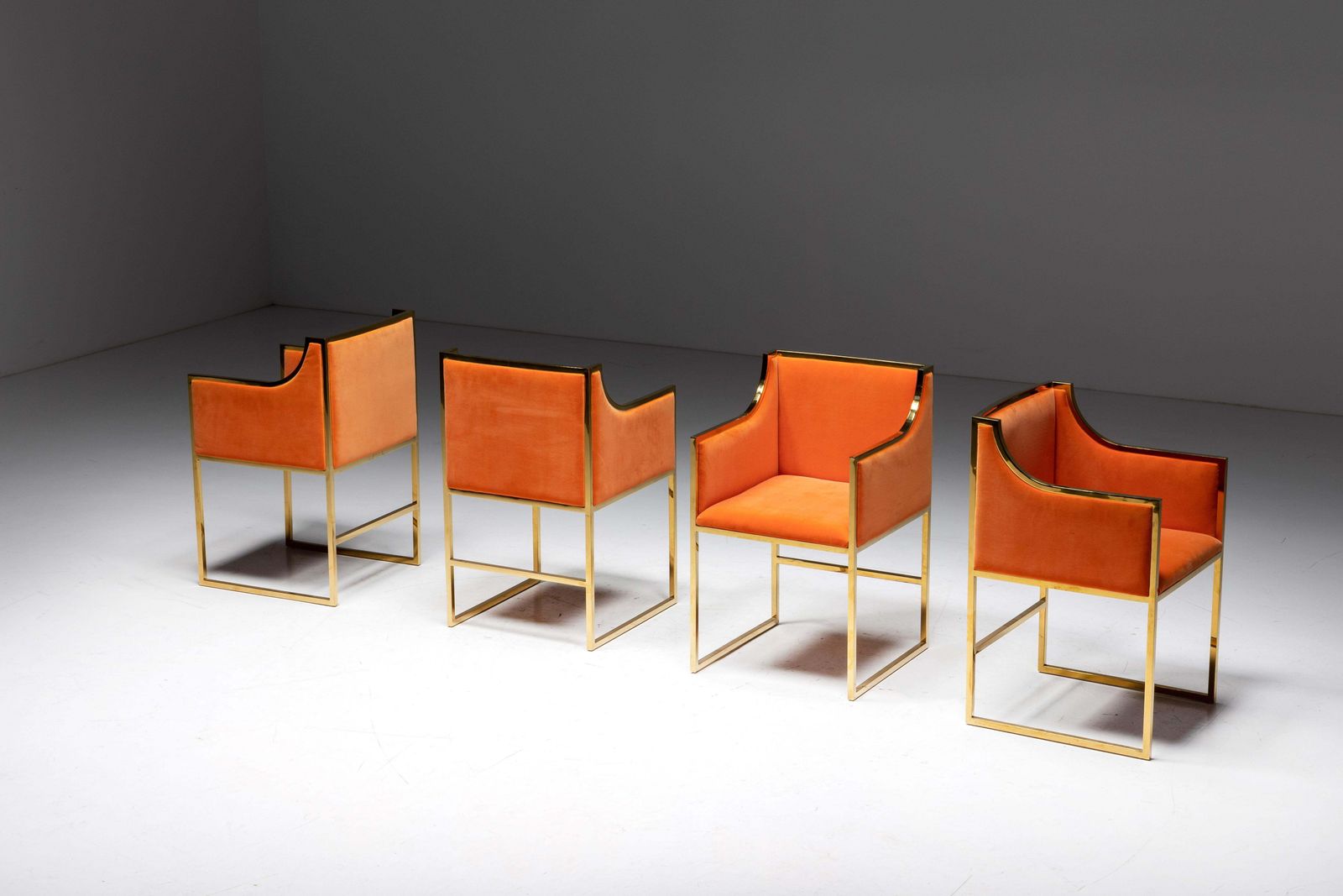 Maison Jansen Brass And Orange Velvet Armchairs, 1980s photo for sale