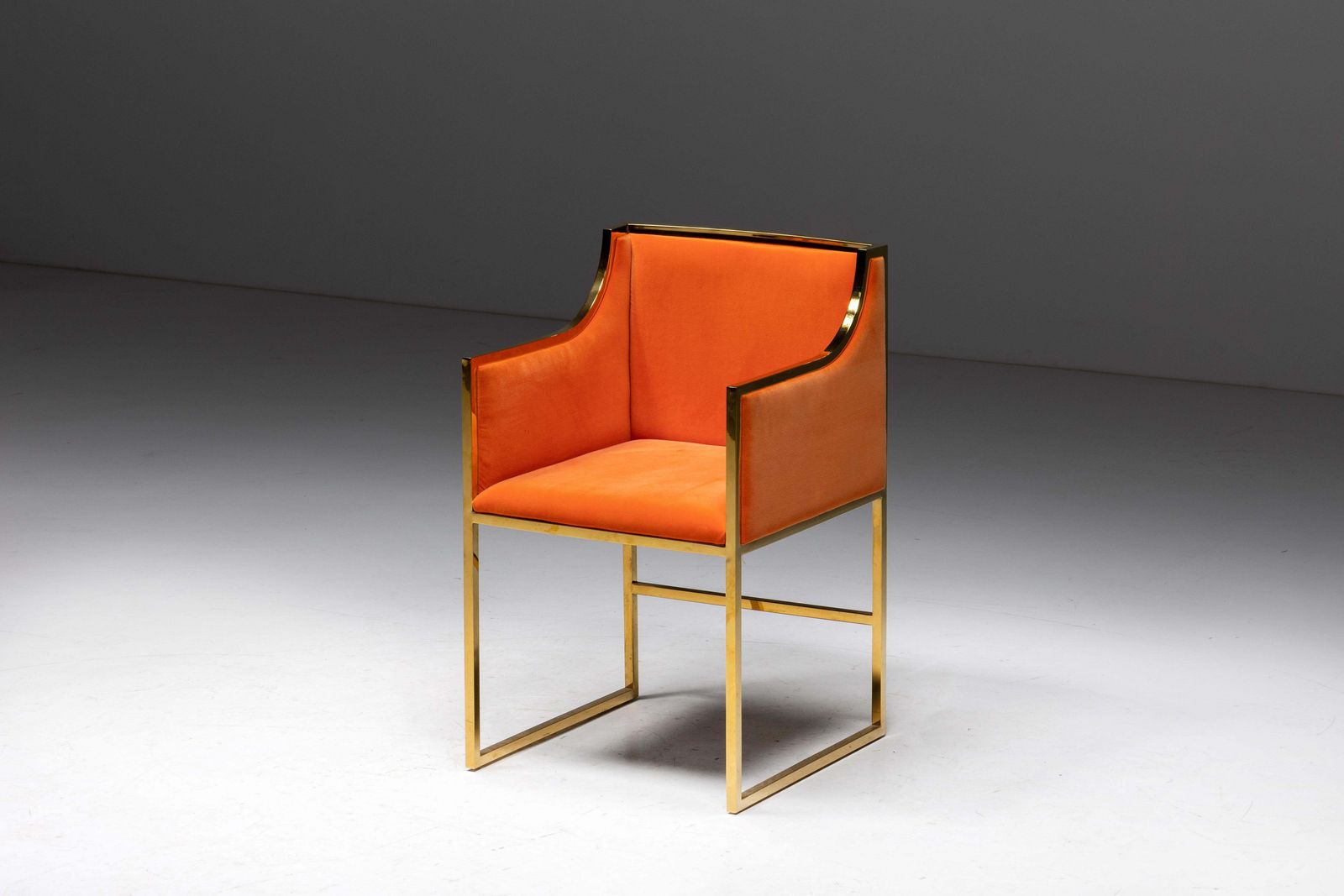 Furniture Maison Jansen Brass And Orange Velvet Armchairs, 1980s photo