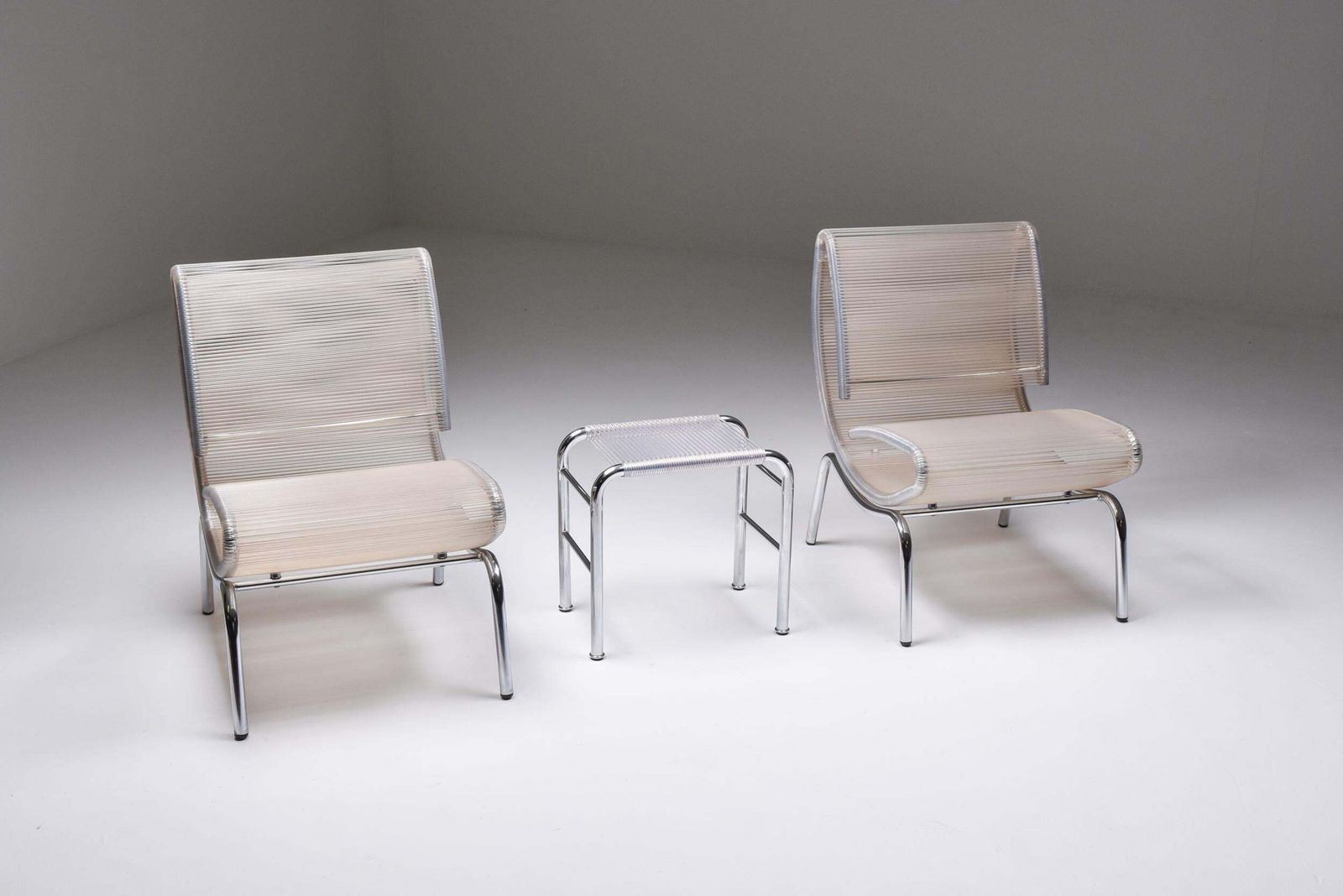 Post Modern Pair Of Easy Chairs In Chrome & Plastic Wire, 1960s photo vintage