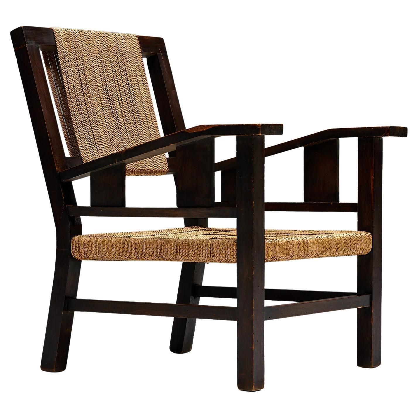 Easy Chair In Solid Wood And Rope, France, 1930s