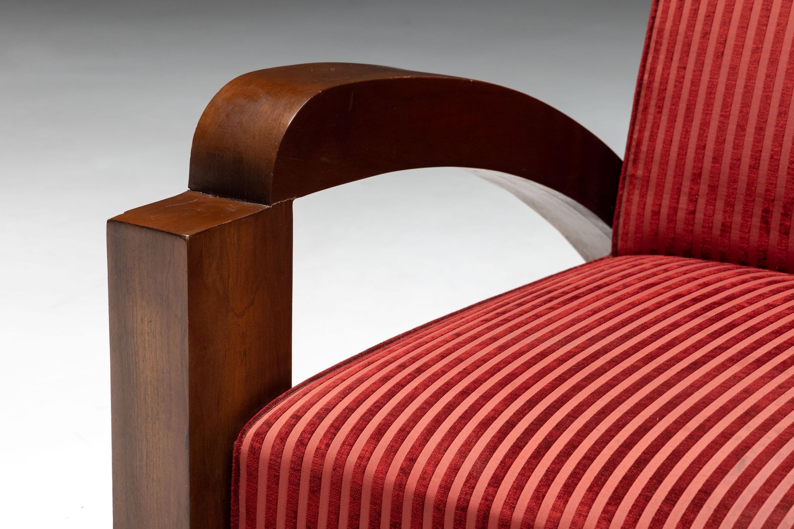 Art Deco Sofa In Red Striped Velvet And With Swoosh Armrests, France, 1940s photo for sale