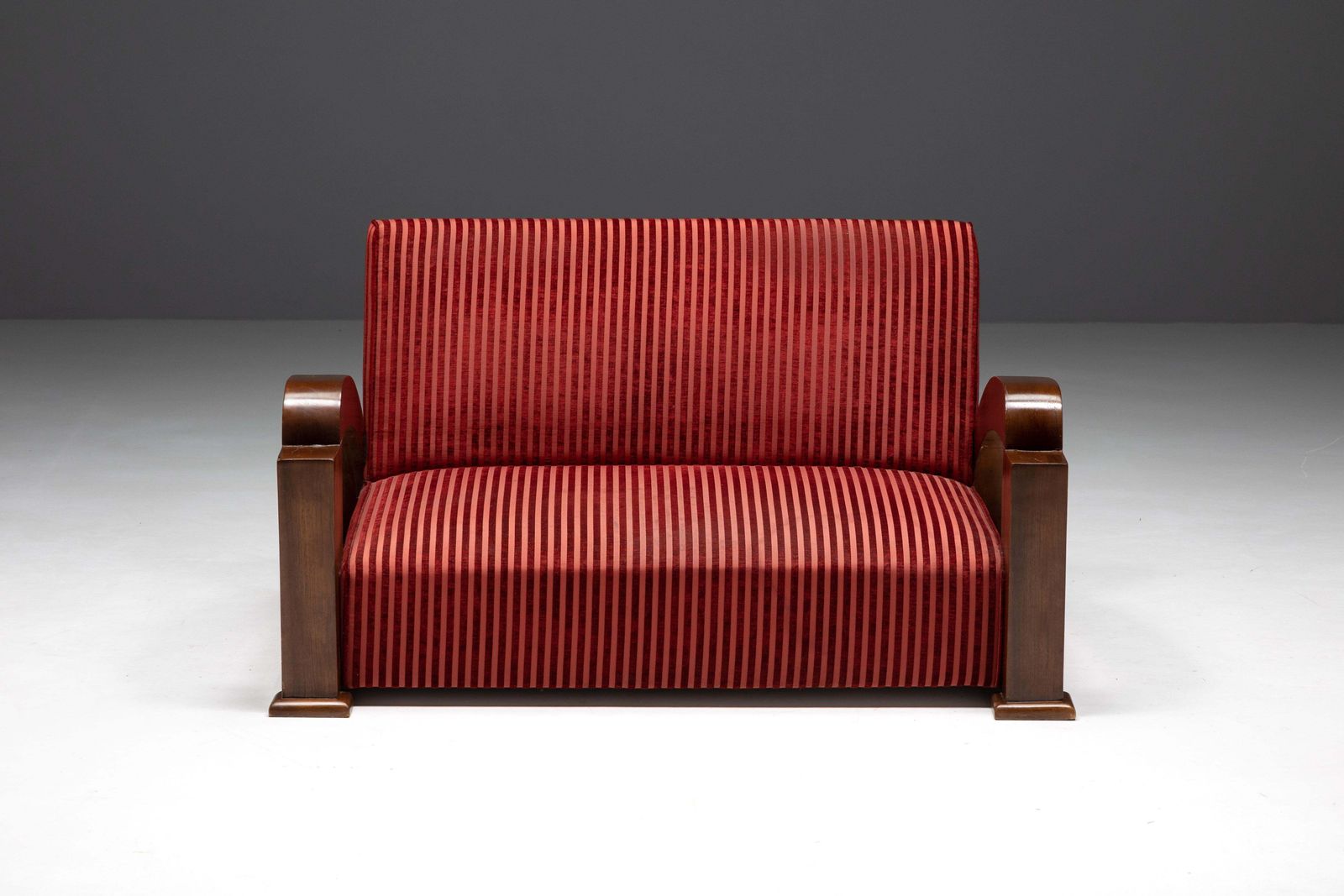 photo for sale Art Deco Sofa In Red Striped Velvet And With Swoosh Armrests, France, 1940s