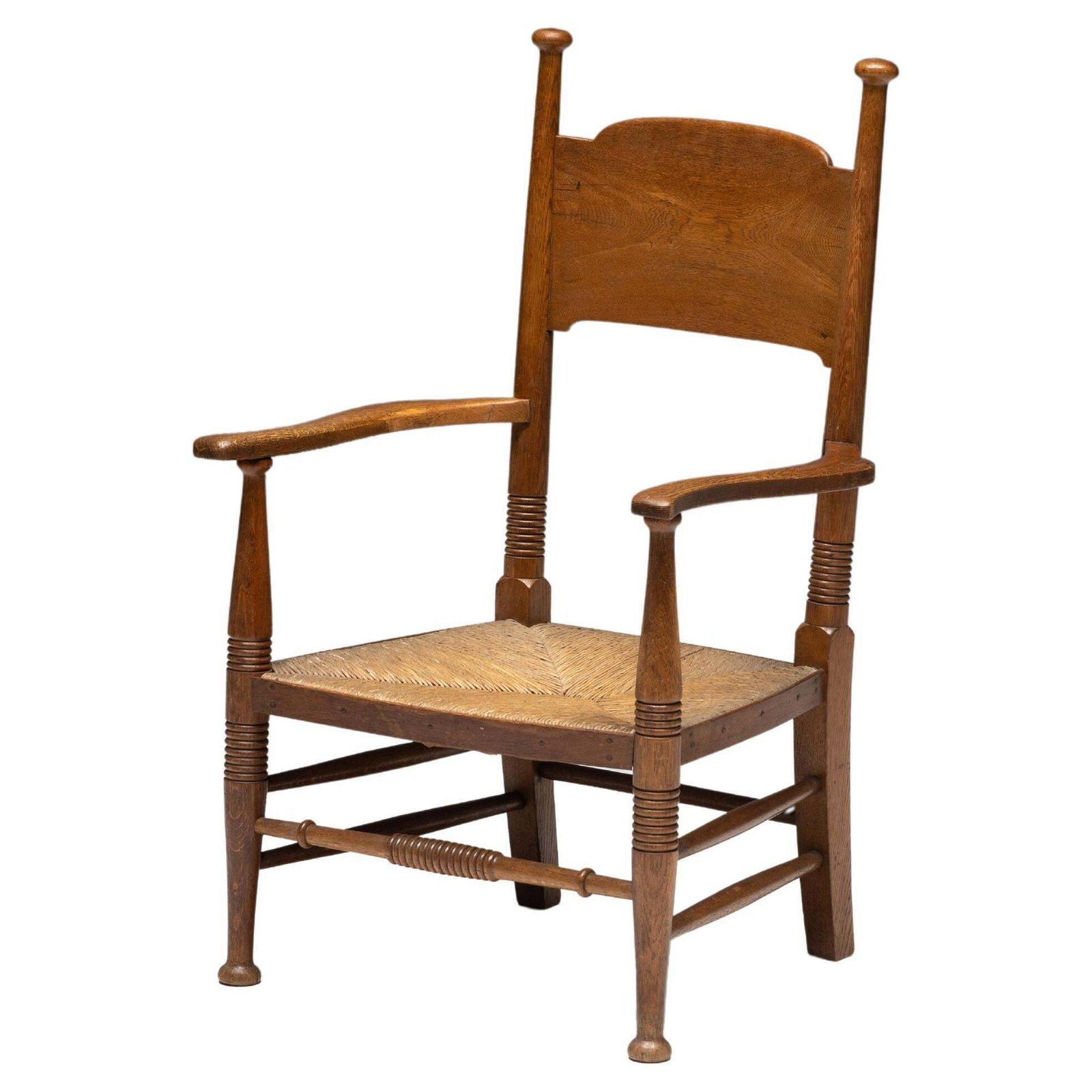 Rustic Armchair In Solid Oak And Straw, United Kingdom, 1900s