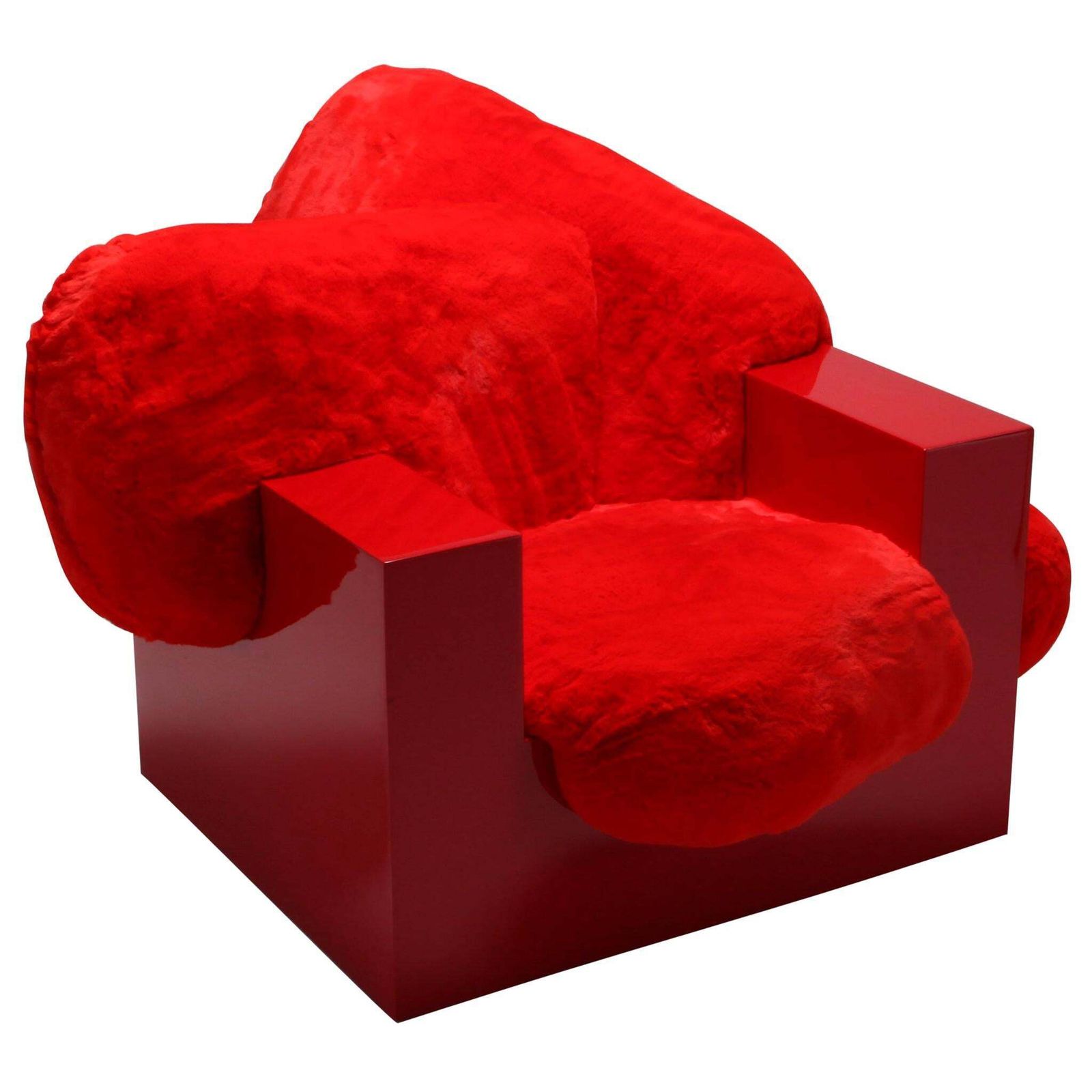 'Pillow Lounge Chair' In Red Lacquer And Faux Fur By Schimmel & Schweikle