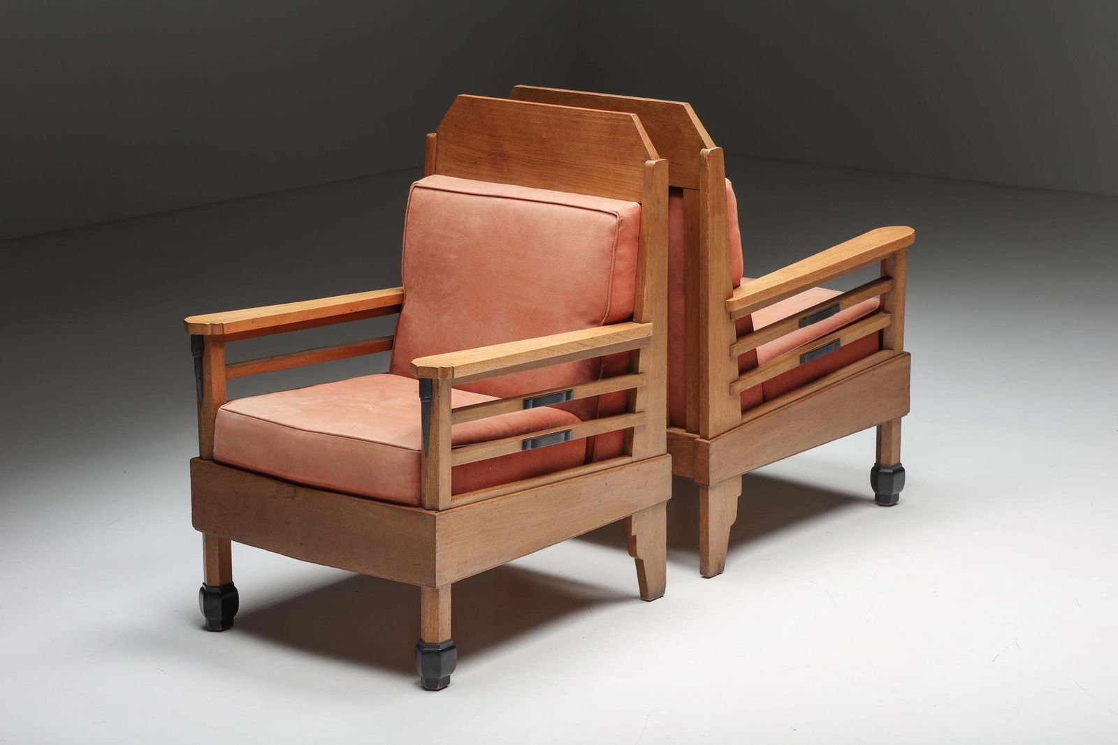 Pair Of Art Deco Club Chairs, Pine & Leather, Europe, 1960s photo for sale