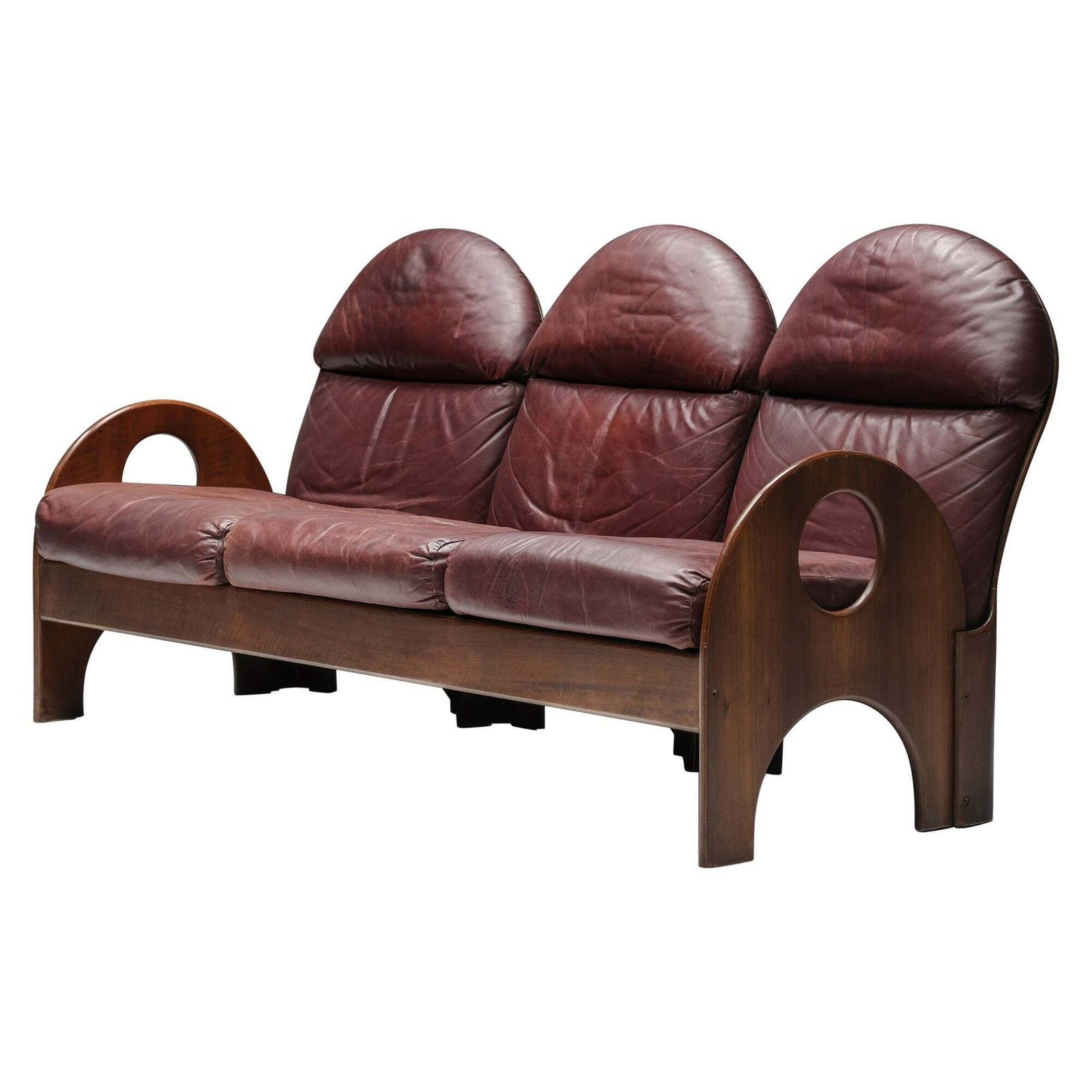 Three Seater 'Arcata' By Gae Aulenti, Walnut And Burgundy Leather, 1968