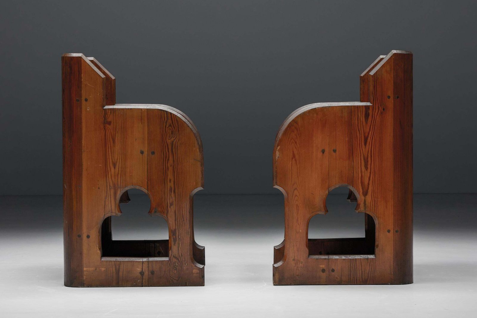 Gothic Revival Wooden Armchairs, Pine & Oak, 20th Century photo vintage